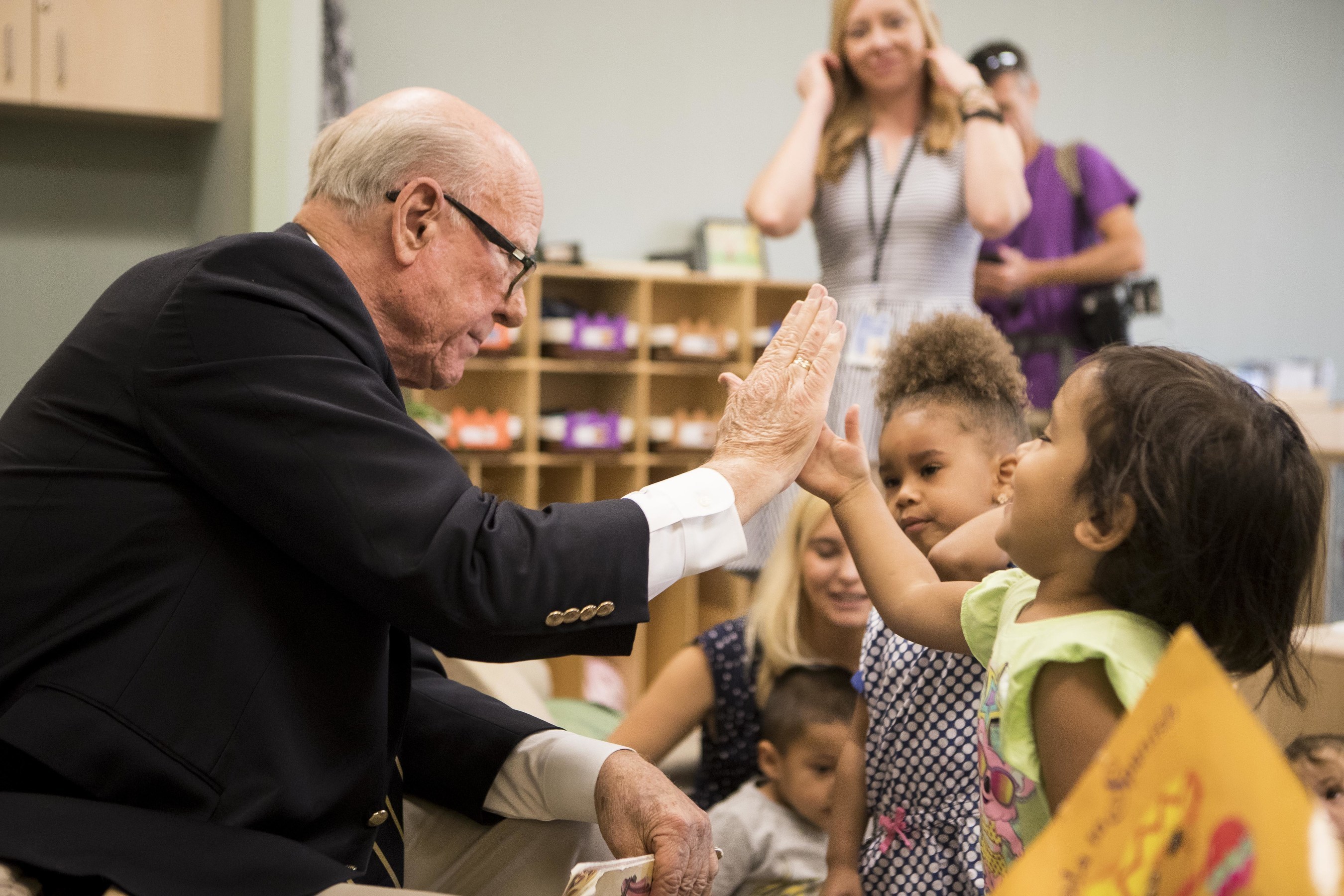 Sen. Pat Roberts (R-KS) reads to preschoolers at Children's Campus of Kansas City (CCKC), where nonprofits offer a continuum of education, family and health services focused on kids from birth to age five. Sen. Roberts met with CCKC staff to learn why facilities tailored to young learners are so important to their future, and why programs like the federal New Markets Tax Credit are so critical to building them.