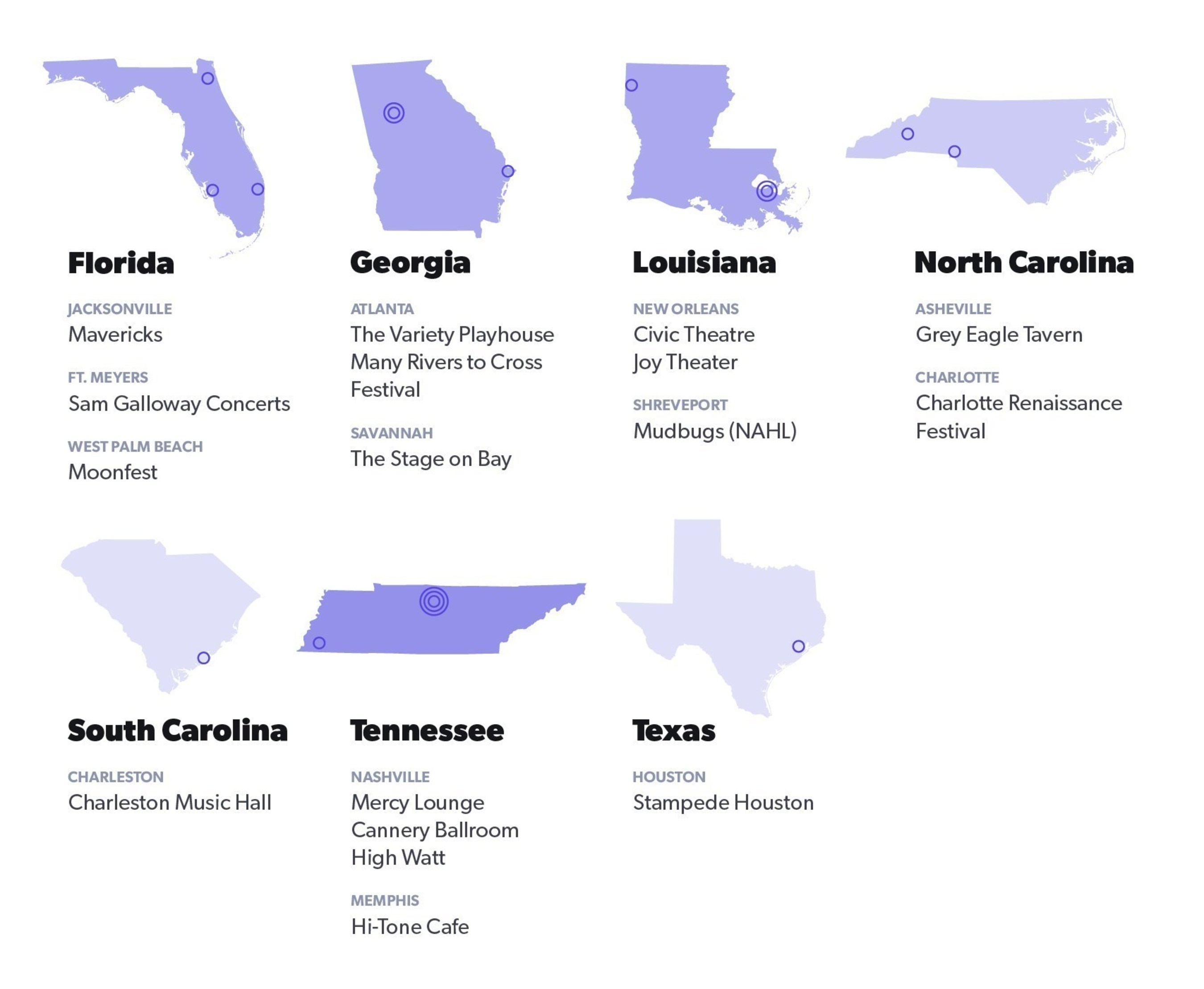 Ticketfly Signs 17 Venues and Promoters Across Seven States in the Southern U.S., Cementing a Leadership Position in the Region.  Shows major momentum for the Pandora-Ticketfly live events marketing platform