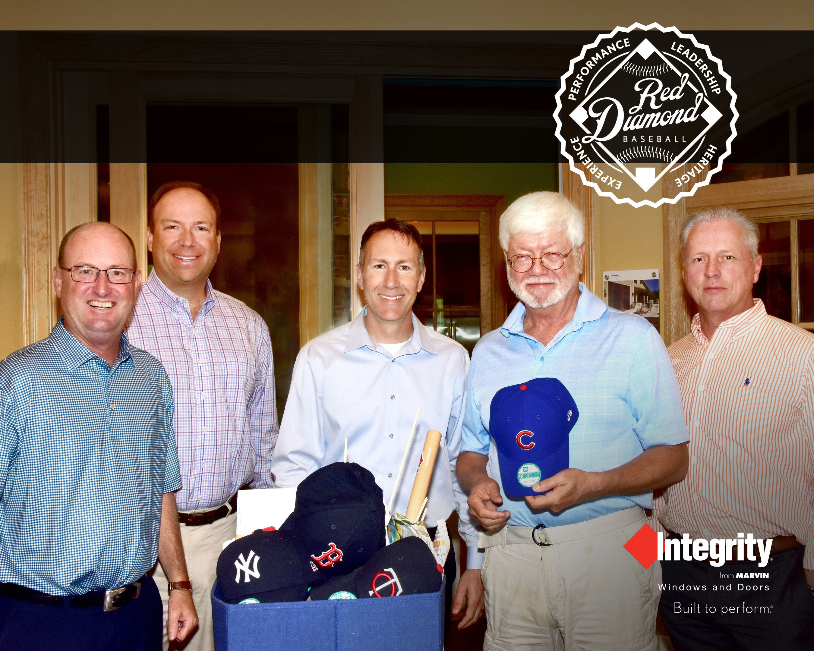 Integrity Windows and Doors Senior Territory Manager Rob Hardy, Architectural Vision Inc. President Peter Morrison, Integrity Windows and Doors Vice President of Sales Todd Antonelli, Red Diamond Baseball winner Dennis McConnell and Architectural Vision Inc. Sales Representative Mark Van Tillburg celebrate McConnell's win in Atlanta, Ga. with a bundle of baseball apparel and game-day essentials.
