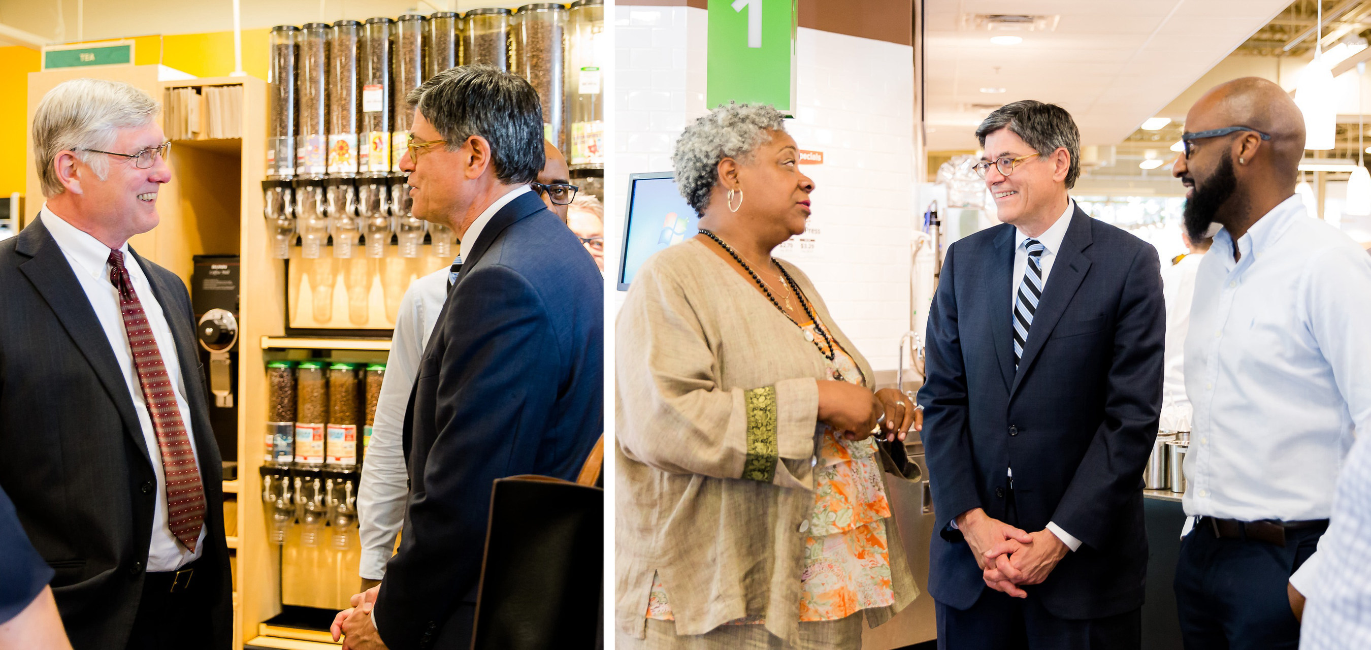 Left: MMCDC President Kevin Shipley and Treasury Secretary Jack Lew at Seward Community Cooperative Friendship Store. Right: Front End Manager Vivian Mims, left, and Store Manager Ray Williams, right, with Secretary Lew.