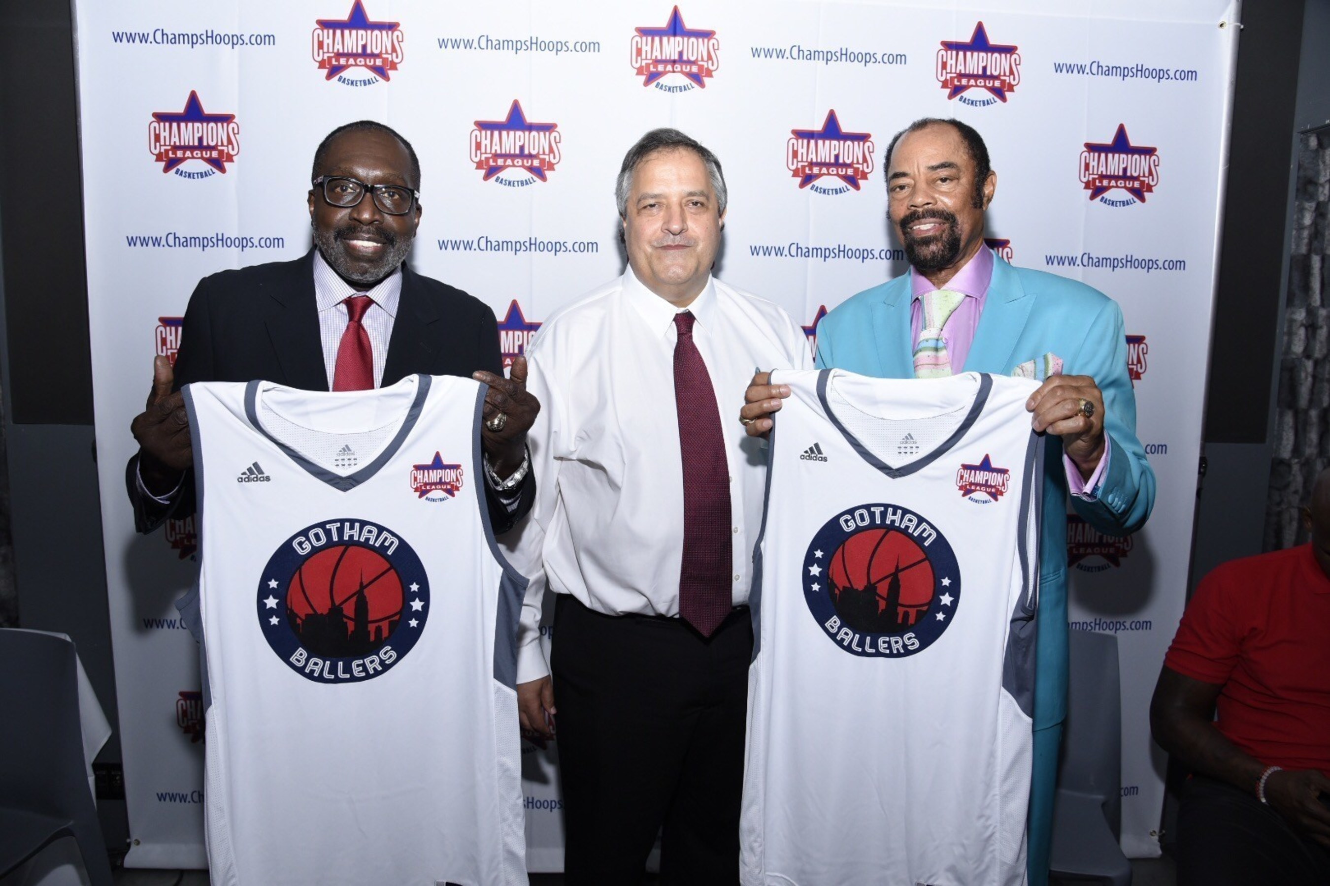 Earl Monroe (General Manager, Champions League Gotham Ballers), Carl George (Chairman & CEO, Champions League), Walt Frazier (President, Champions League Gotham Ballers)