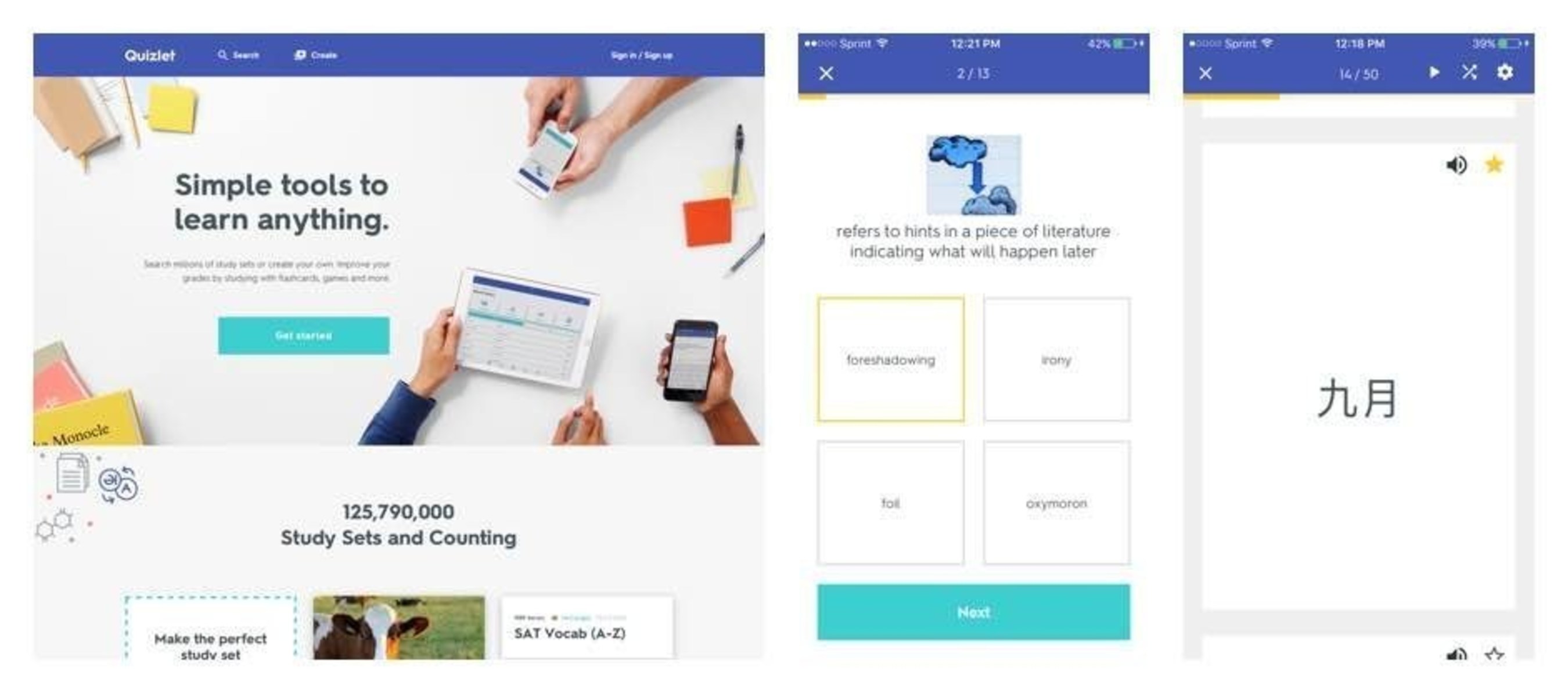 Quizlet homepage and iOS search and set pages