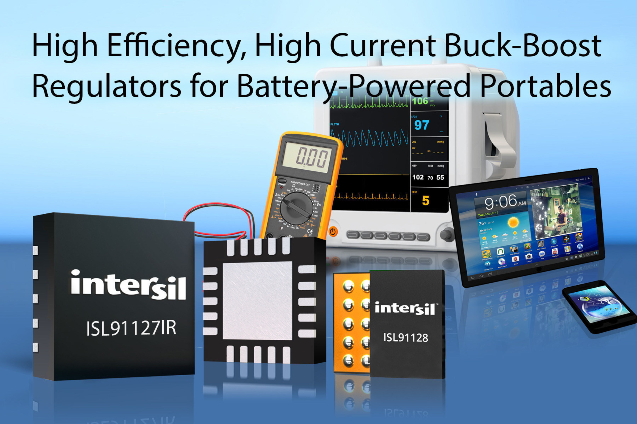 Intersil's ISL91127 and ISL91128 buck-boost regulators deliver up to 96% efficiency and the industry's lowest quiescent current for low-voltage, battery-operated systems.