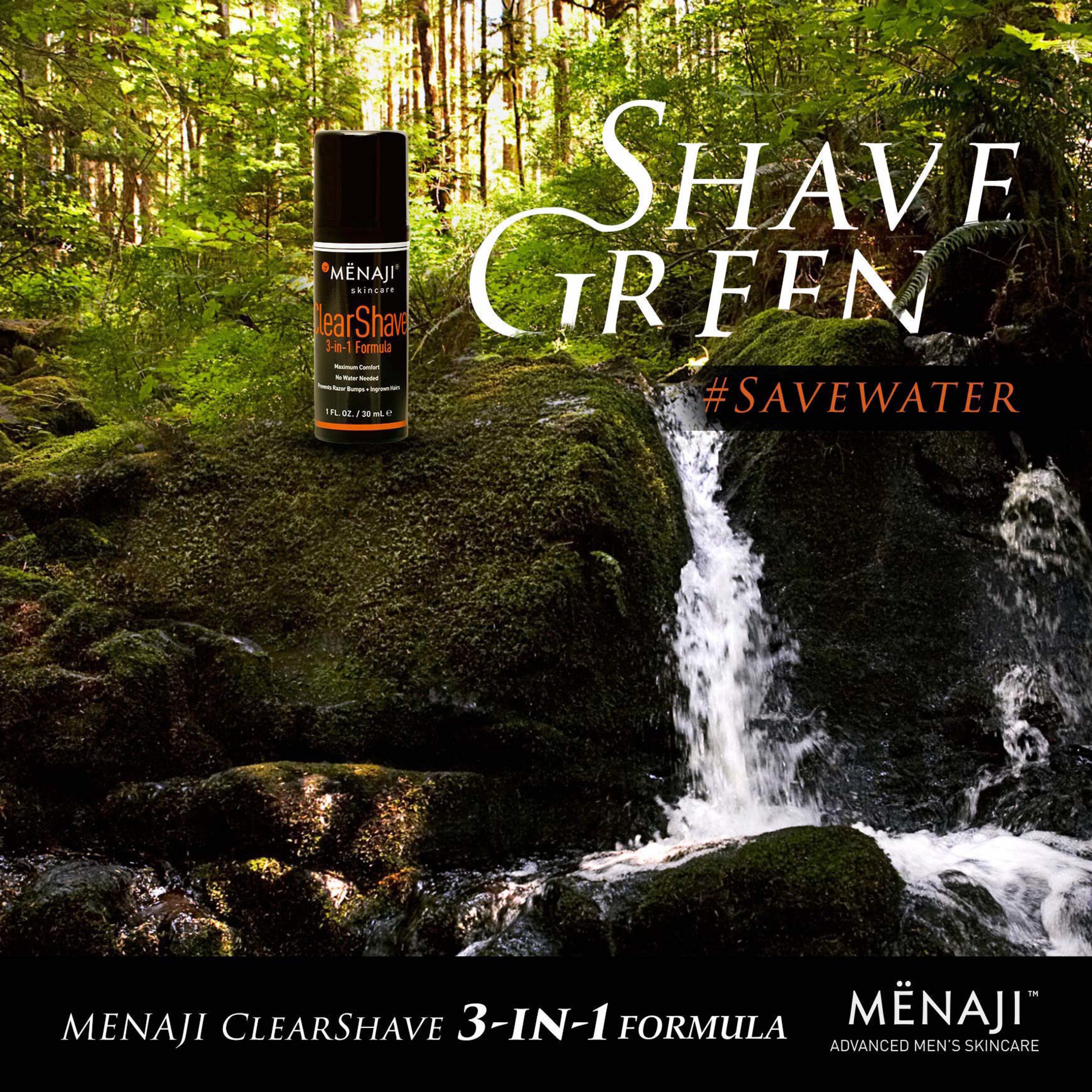The only shave gel that does not lather and saves 3 gallons of water during your morning grooming routine, the ClearShave 3-in-1 Formula by MENAJI.