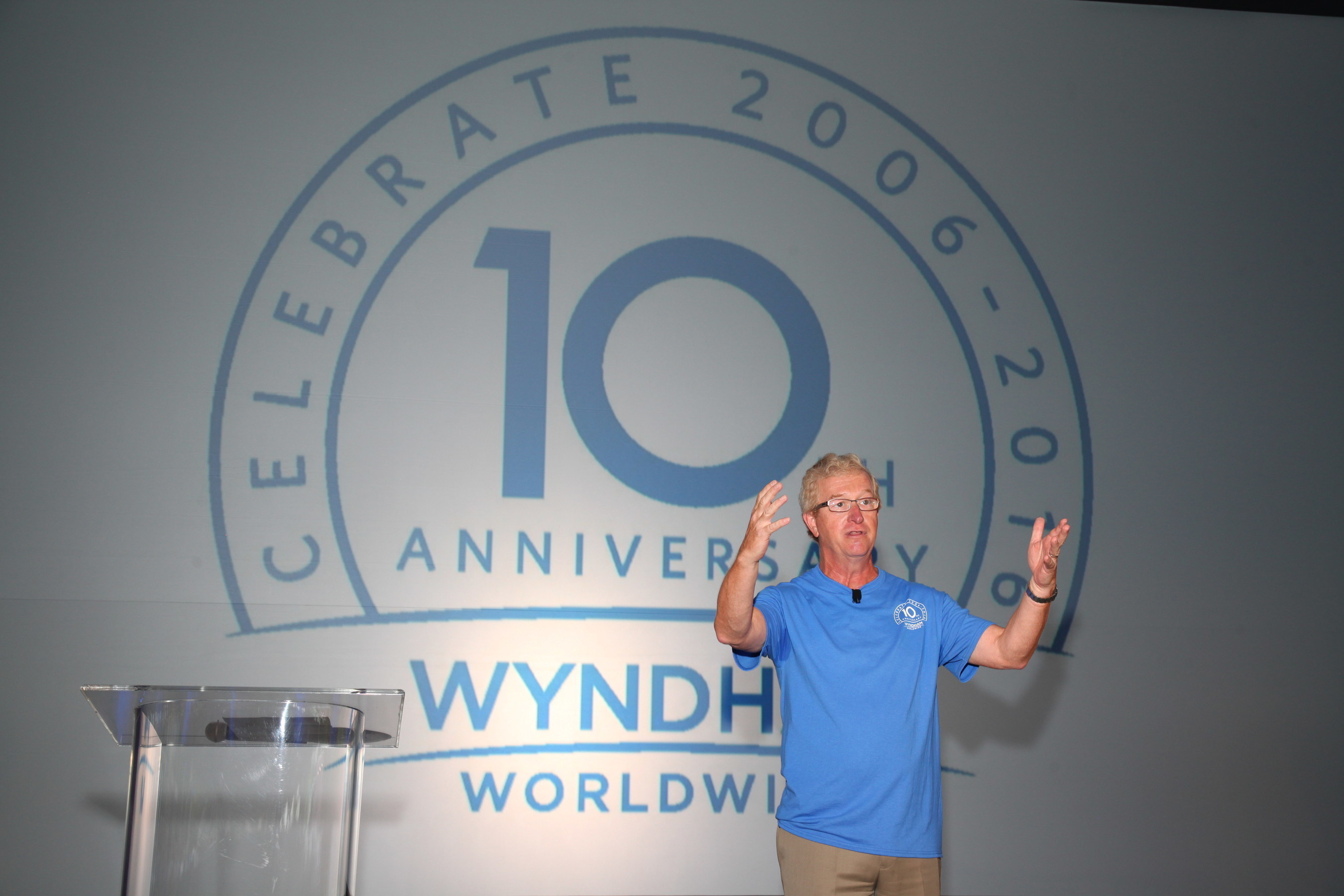 Wyndham Worldwide Chairman and Chief Executive Officer Stephen P. Holmes welcomes associates at a special 10 year anniversary celebration announcing its new global partnership with Save the Children at the company's global headquarters in Parsippany, NJ.