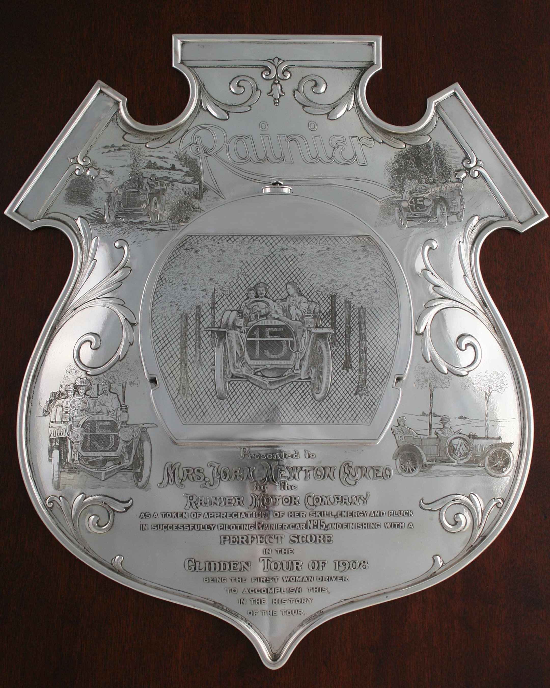 The Rainier Motor Company awarded this sterling silver plaque to driver Joan Newton Cuneo for achieving a perfect score in the 1908 Glidden Tour. The plaque, made by Gorham, is expected to sell for more than $40,000. MBA Seattle Auction House image