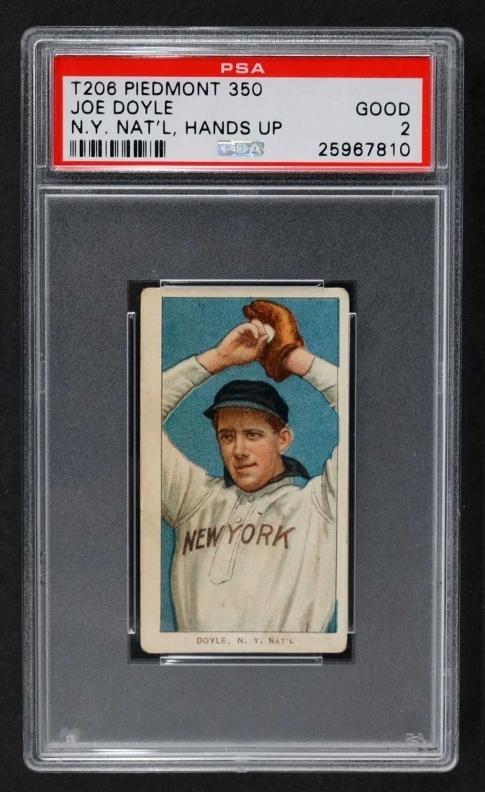 T206 Piedmont Joe Doyle N.Y. Nat'l Hands Up error baseball card to be auctioned Aug. 18, 2016. Estimate: $100,000-$200,000. MBA Seattle Auction House image