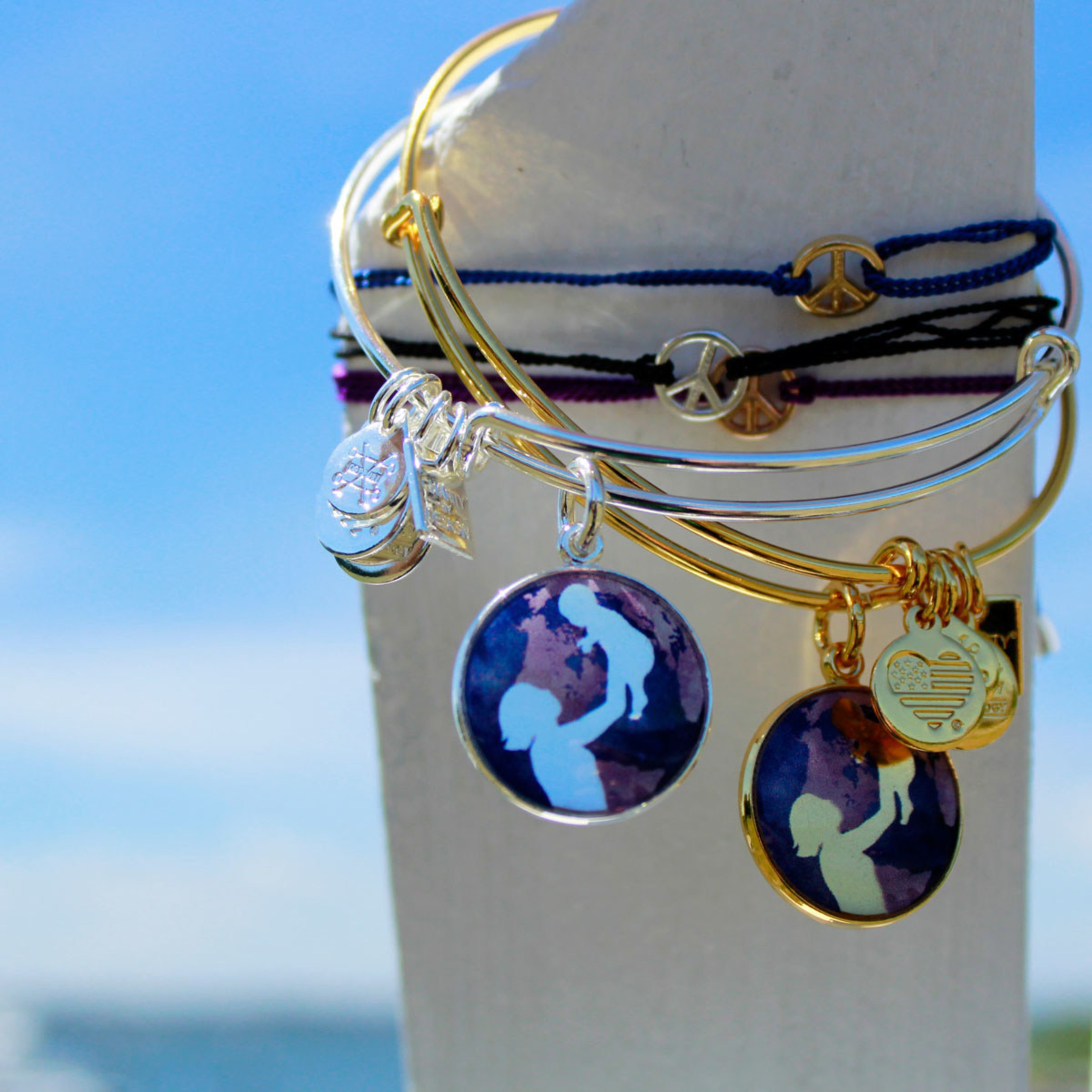 ALEX AND ANI Bright Future bangle and Kindred Cord World Peace in support of UNICEF