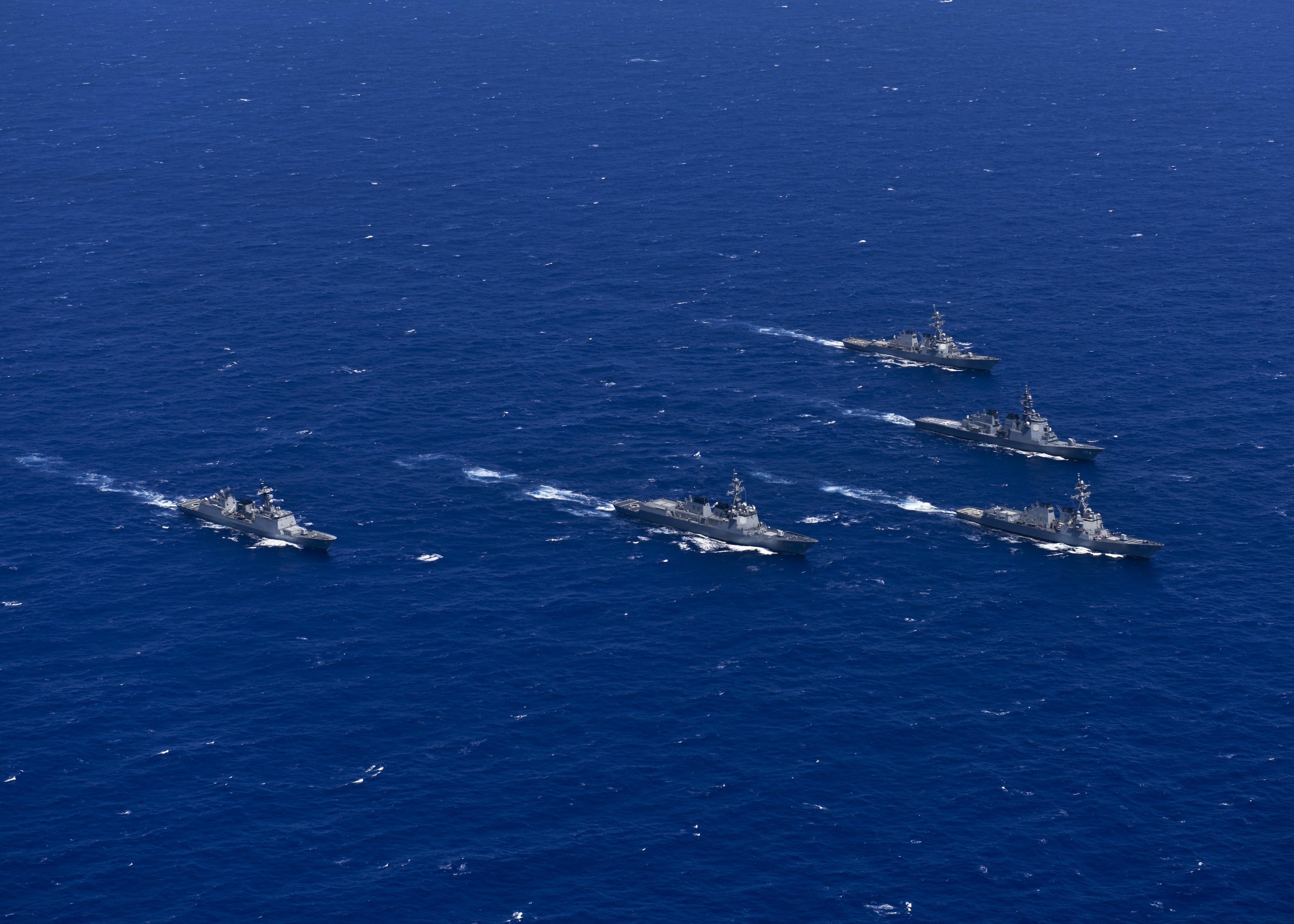 USS John Paul Jones (DDG 53), USS Shoup (DDG 86), Japan's Chokai (DDG 176), the Republic of Korea's Sejung The Great (DDG 991) and Gang Gam Chan (DDH 979) steam in formation during exercise Pacific Dragon 2016 in June. Pacific Dragon is a trilateral Ballistic Missile Defense tracking event between the U.S. Navy, Japan Maritime Self Defense Force and Republic of Korea Navy. (U.S. Navy photo by Mass Communication Specialist 3rd Class Holly L. Herline/Released)