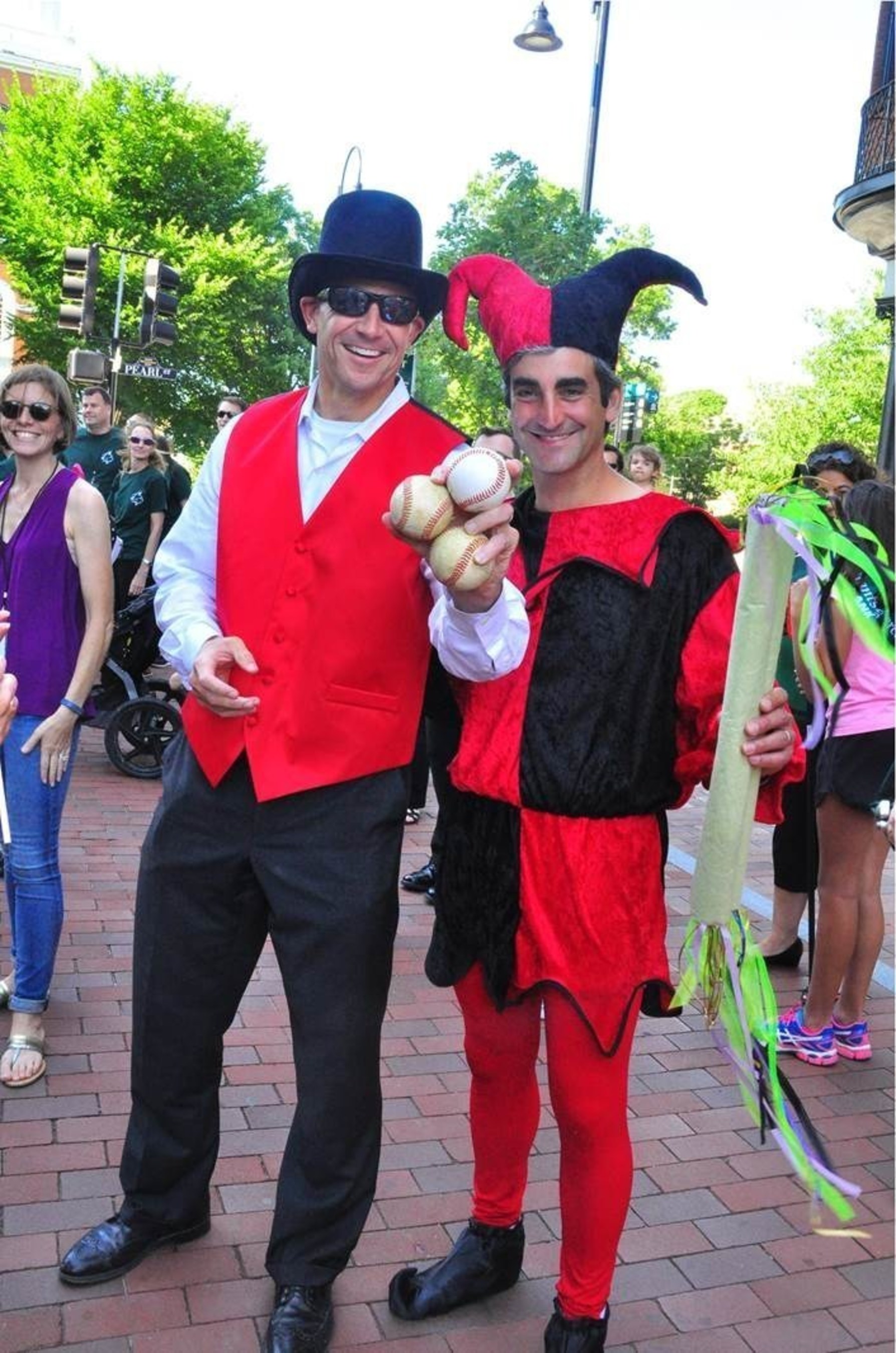 Merchants Bank's President and CEO Geoffrey Hesslink and Burlington's Mayor Miro Weinberger at the Festival of Fools Parade.Photo Credit: Melani Broe