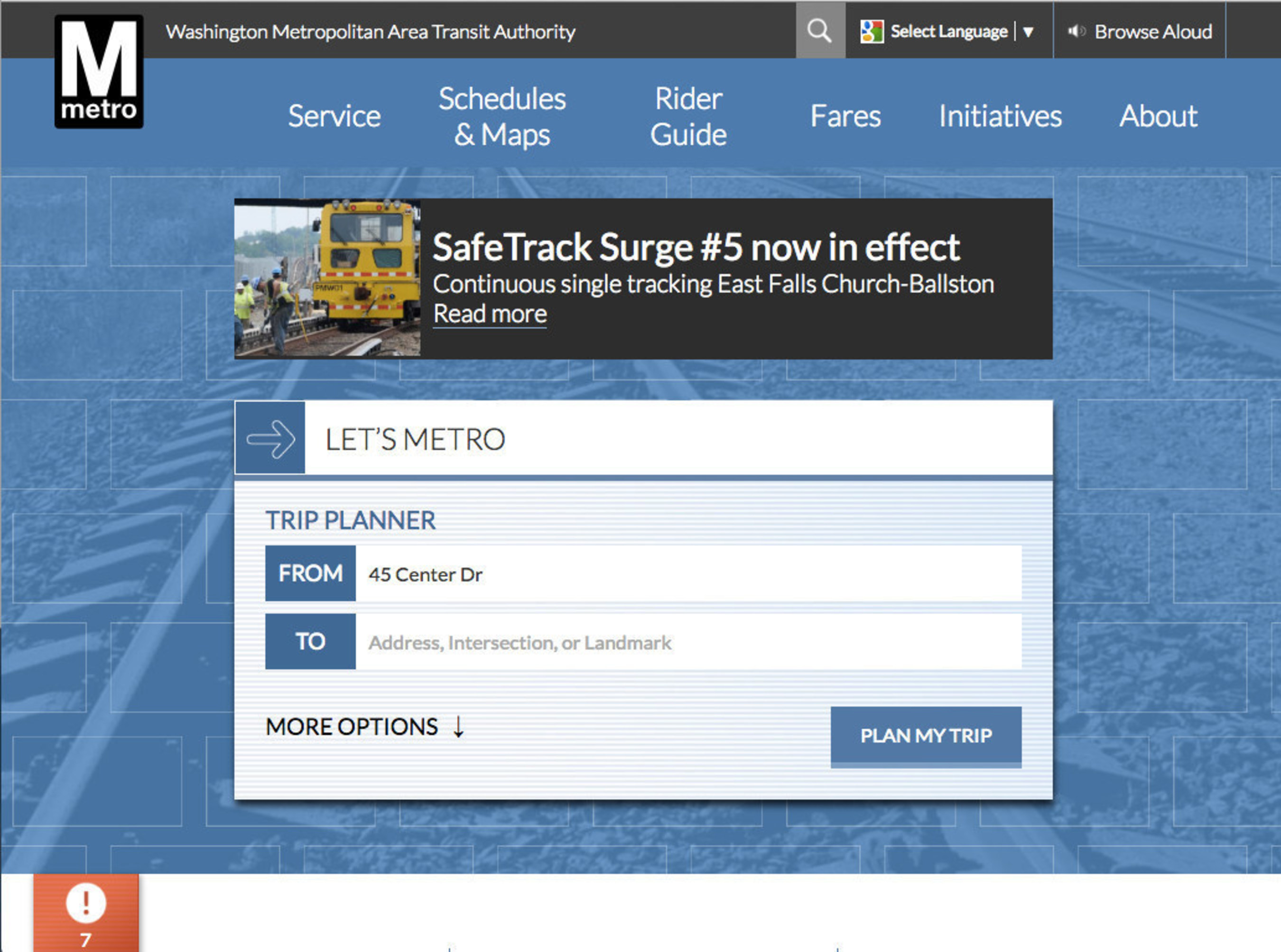 Washington Metro Area Transit Authority (WMATA) Beta Home Page Image.