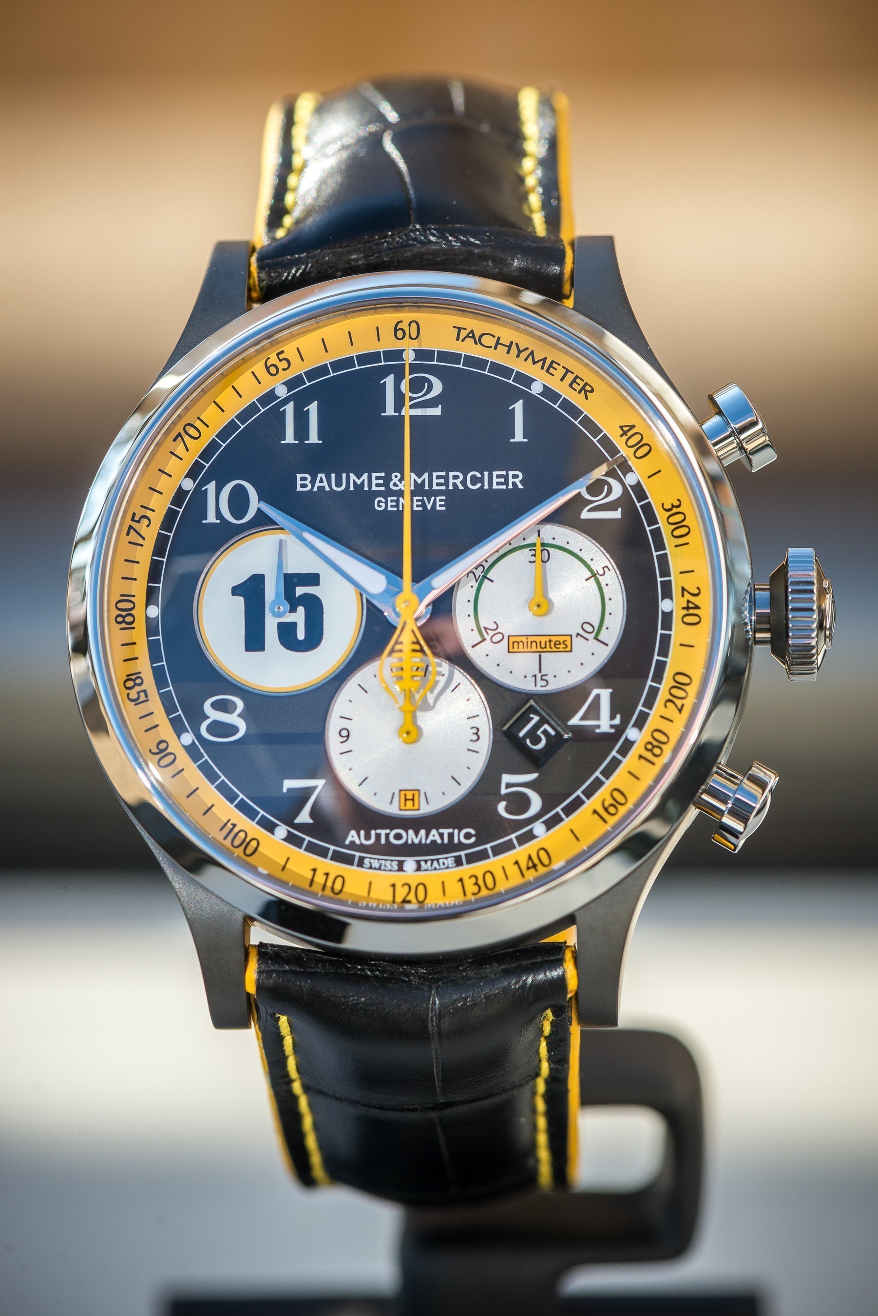 Last night, Baume & Mercier honored racecar drivers Dan Gurney (No. #15), Ken Miles (No. #50), Dave MacDonald (No. #97) and Allen Grant (No. #96) with a watch displaying their distinct racecar number as well as incorporating aesthetic elements of the Cobra 289 racecar.  Only 15 of each of the four limited edition Legendary Driver Capeland Shelby(R) Cobra chronographs will be available worldwide (No. #15 shown here). For more information about Baume & Mercier, visit http://www.baume-et-mercier.com.