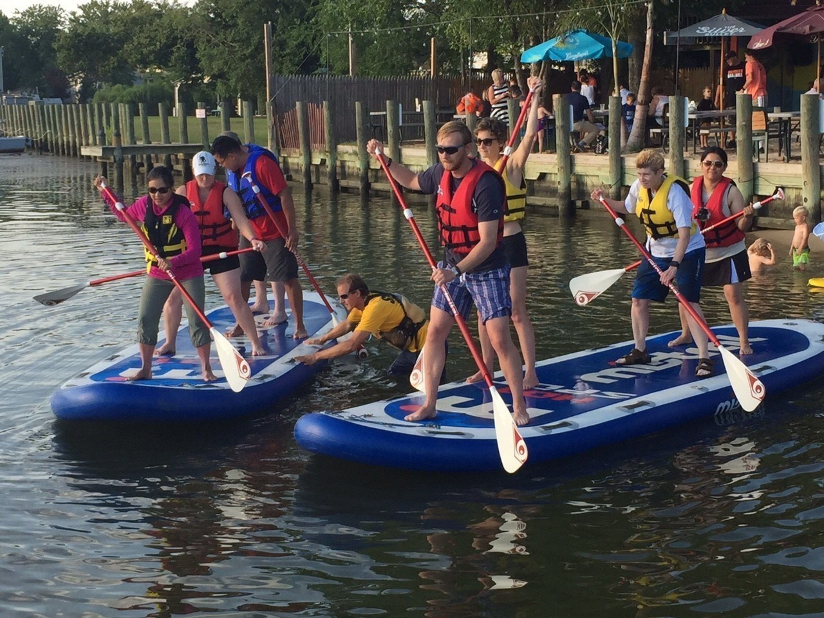 Wounded warriors recently prepared for a monster stand-up paddleboarding competition at a program gathering with Wounded Warrior Project in Middle River, Maryland.