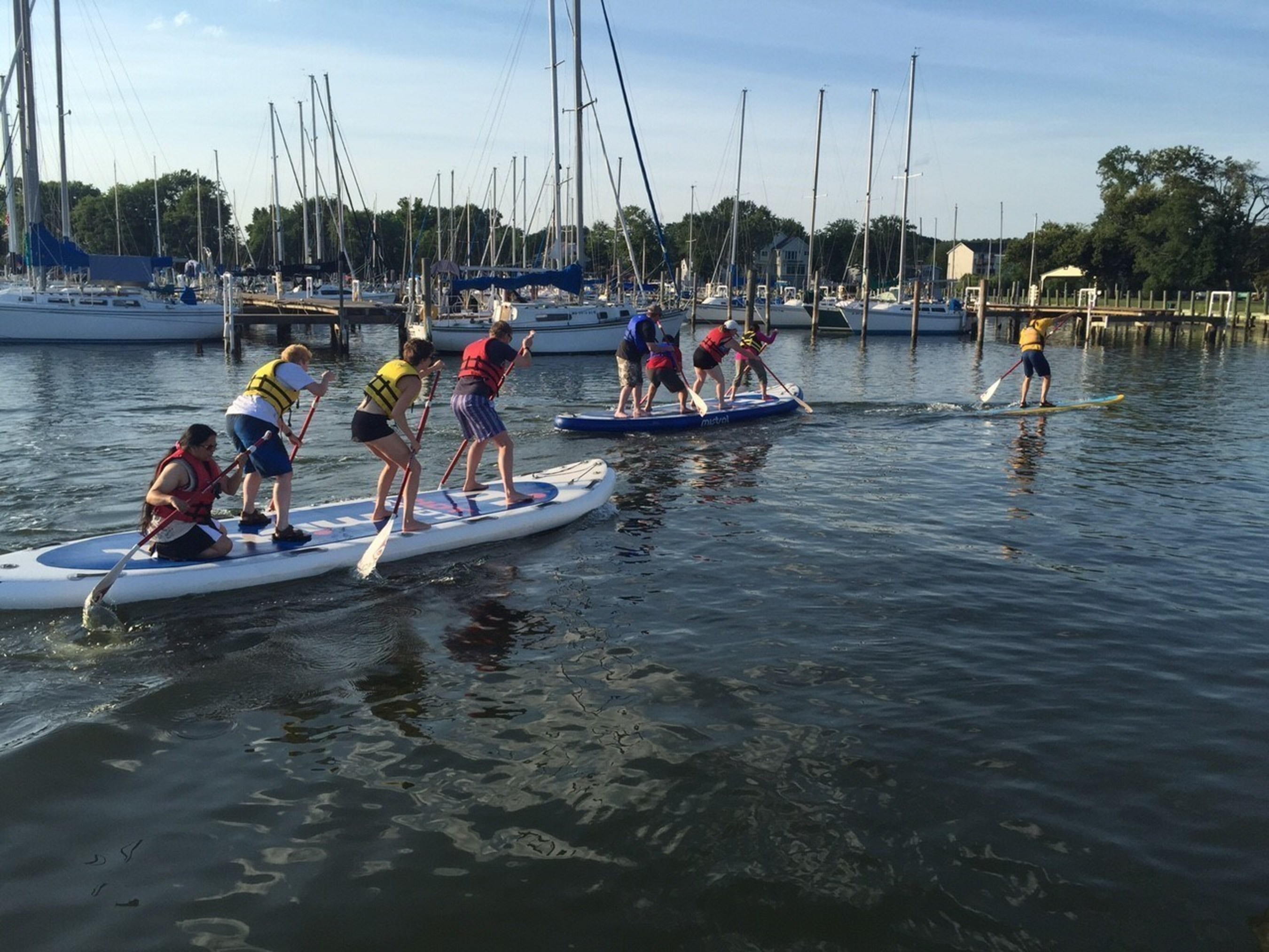 Wounded veterans recently competed as teams during a monster stand-up paddleboarding program gathering with Wounded Warrior Project in Middle River, Maryland.