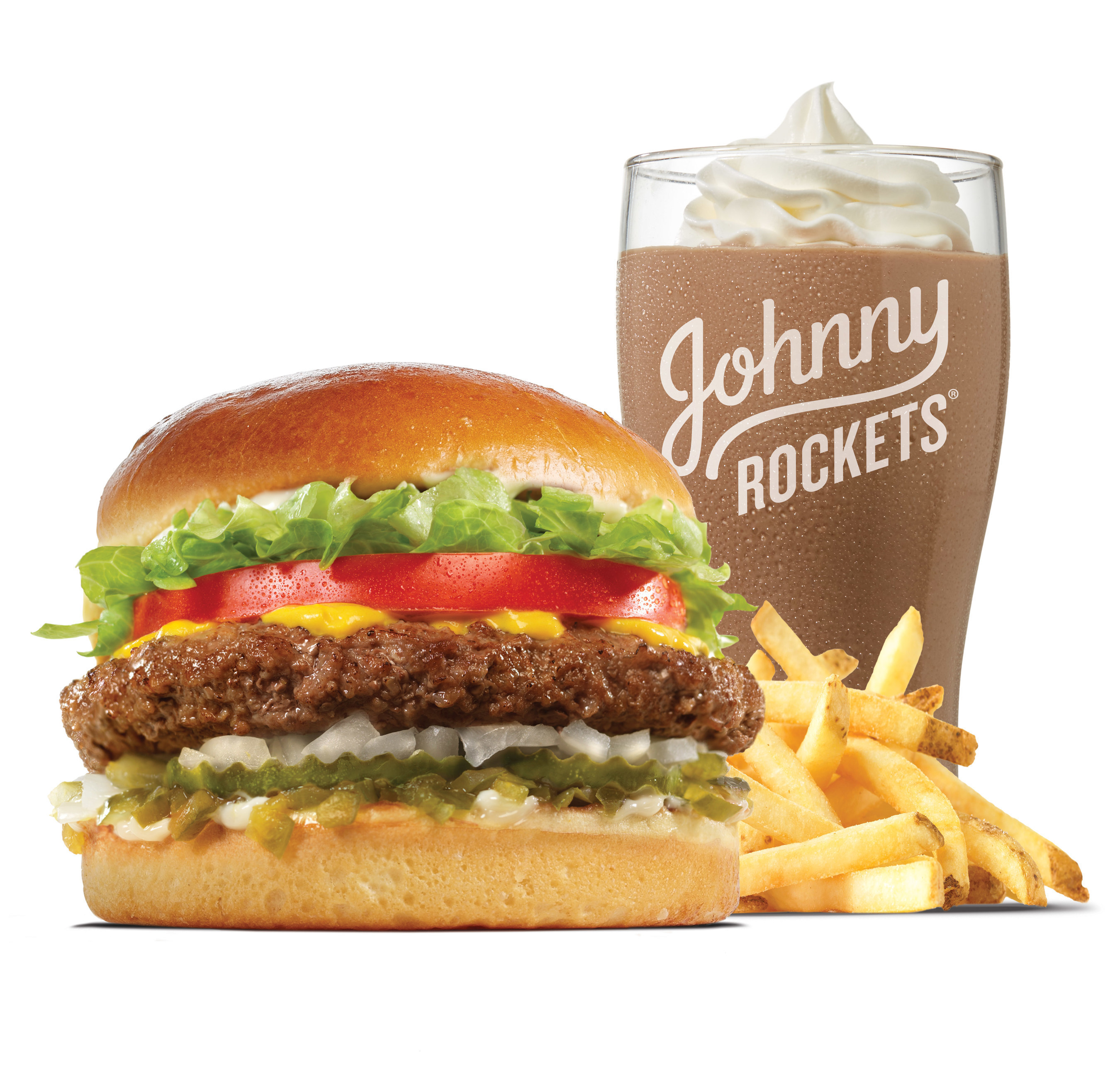 The original, fresh, never frozen, 100% beef burger, hand-spun chocolate shake and fries, on the menu at the new Johnny Rockets at Tucson Premium Outlets, Tucson, AZ.