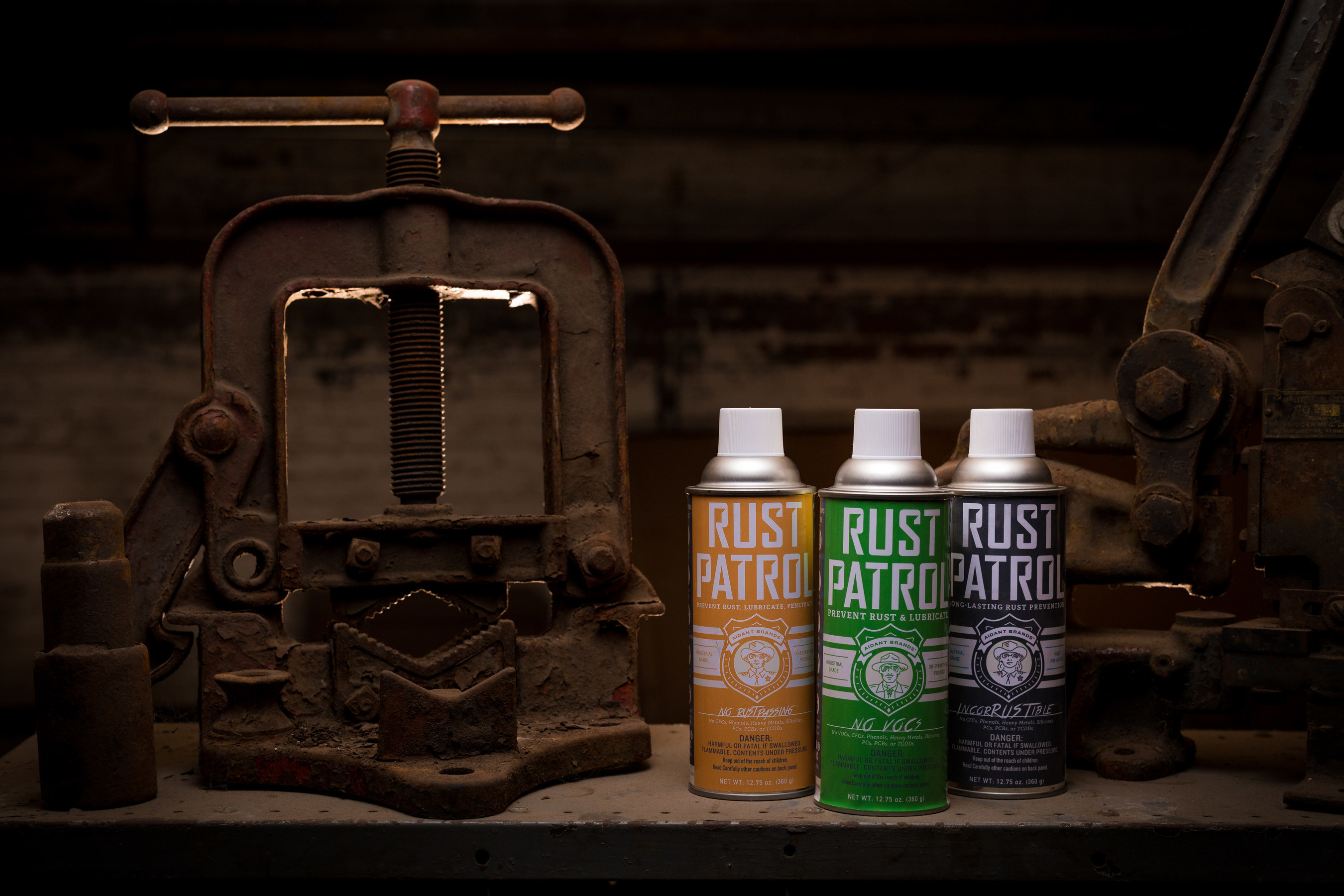 Rust Patrol Product line: (Left to Right) Rust Patrol, Rust Patrol no VOCs and Rust Patrol Incorrustible)