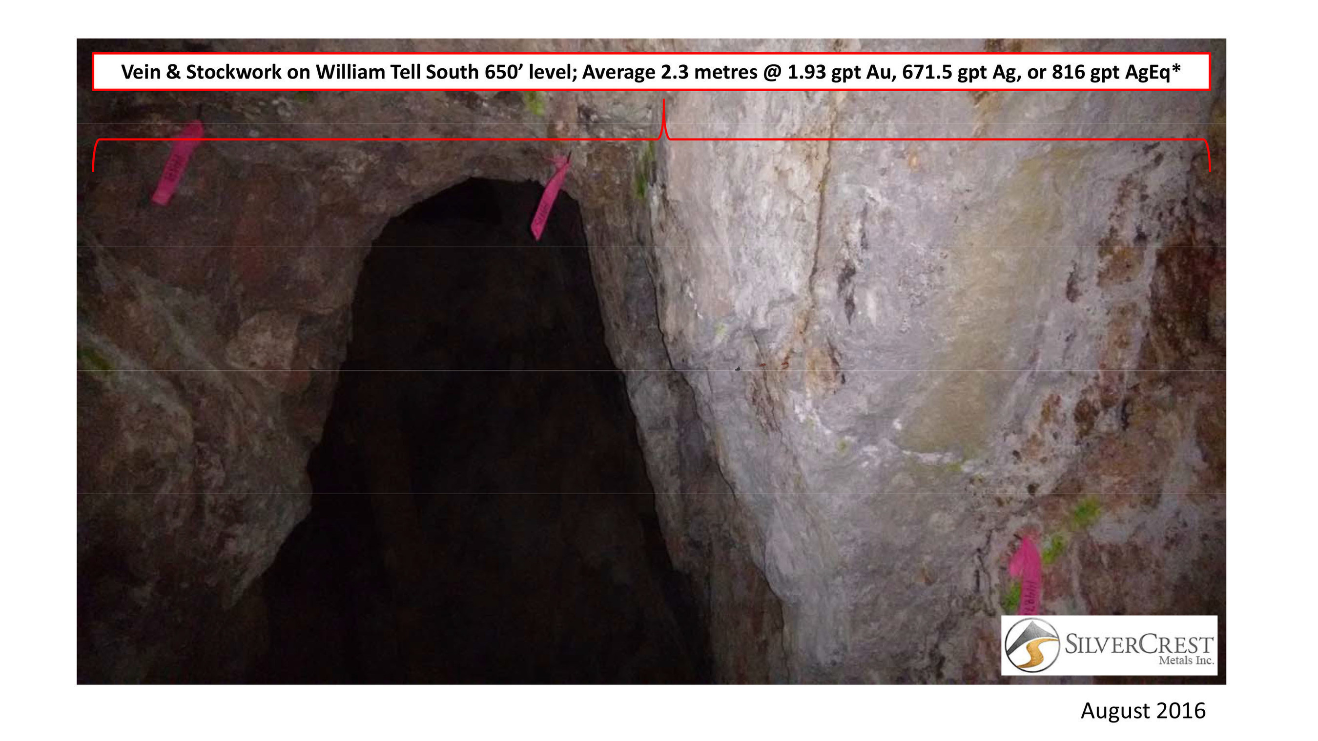 SilverCrest Metals Inc. TSX.V: SIL Las Chispas Project, Sonora, Mexico - Vein & Stockwork on William Tell South 650' level; Average 2.3 metres @1.93 gpt Au, 671.5 gpt Ag, or 816 gpt AgEq