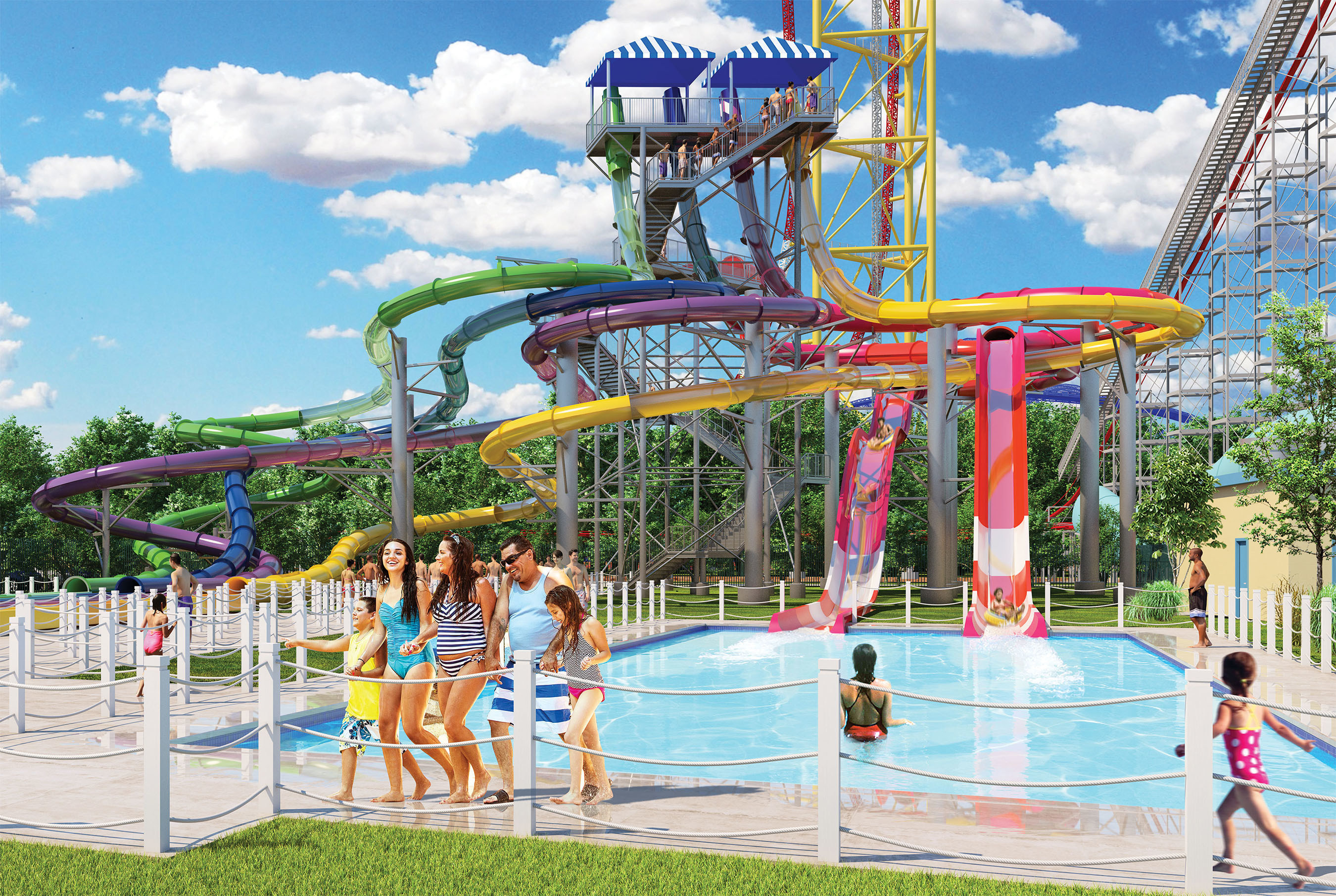 Point Plummet, Starboard Surge and Portside Plunge are all part of a six-story-tall slide structure that will be the highlight of the new Cedar Point Shores Water Park.