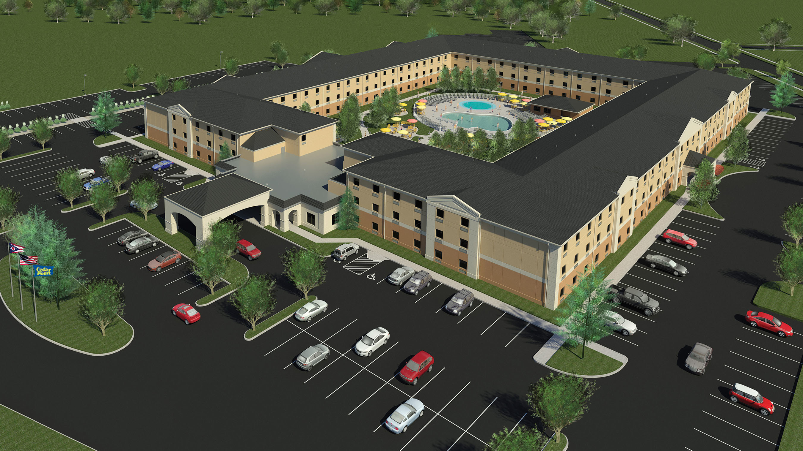 Breakers Express transforms into Cedar Point's Express Hotel in 2017 with a complete renovation. The hotel will add 69 new rooms, updated bathrooms and bedding, connecting family suites and more. A new splash pad and outdoor courtyard featuring conversational living spaces will join the whimsical swimming pool and deck area.