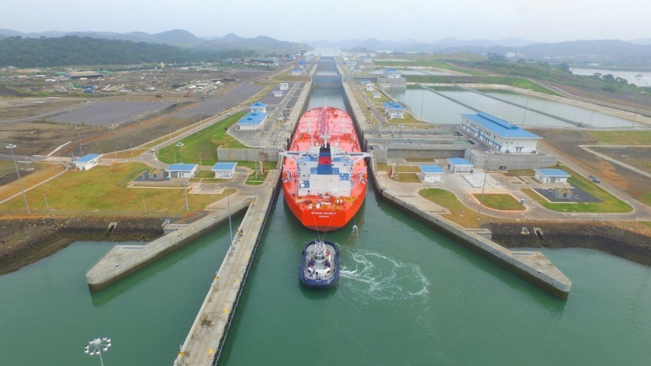 MT Aegean Unity transits the new Panama Canal on August 18, 2016.