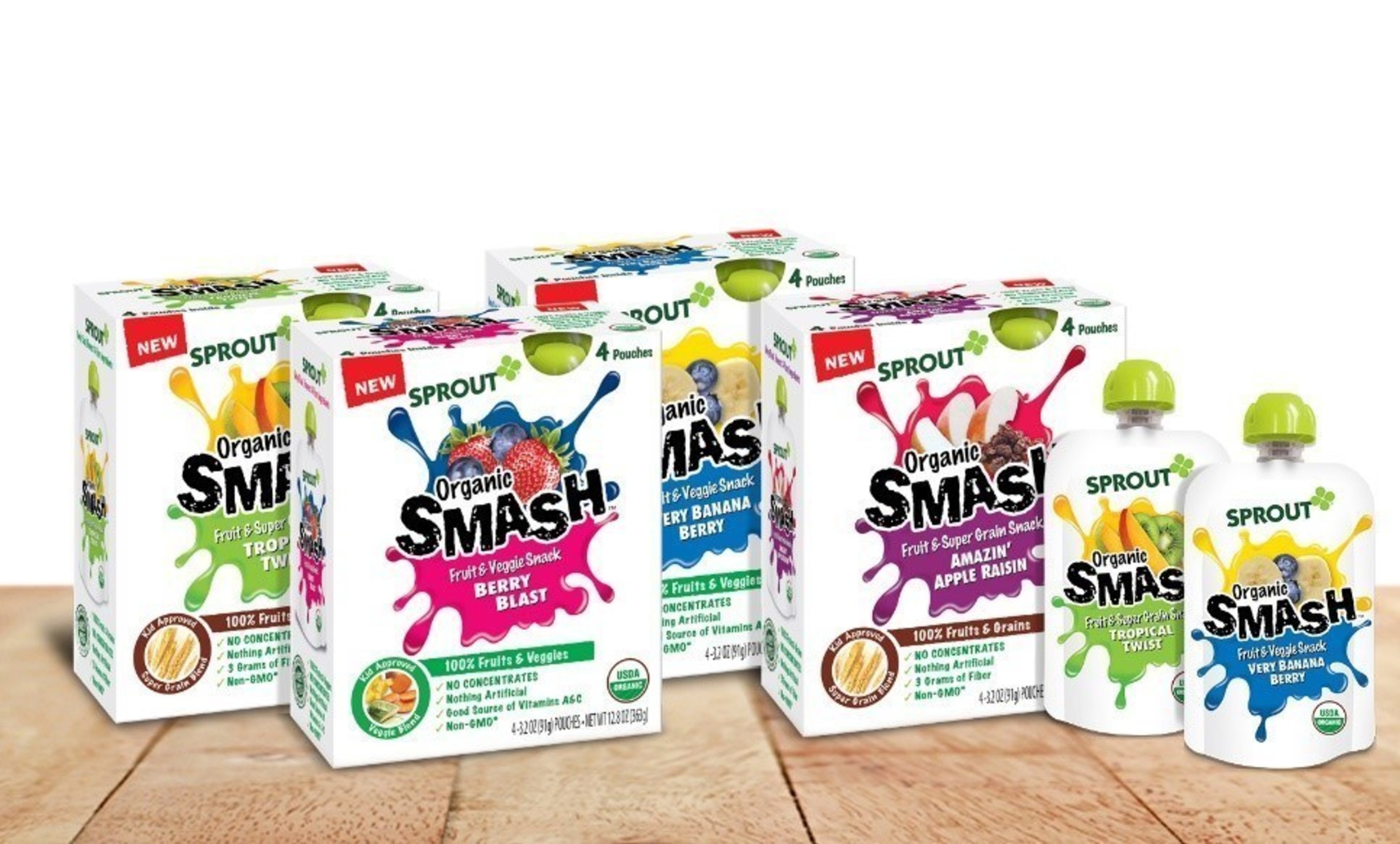 Sprout Organic SMASH(TM) comes in a box of 4 individual 3.2 ounce easy-serve pouches and is available in two unique blends that offer broad flavor variety and nutritional benefits.