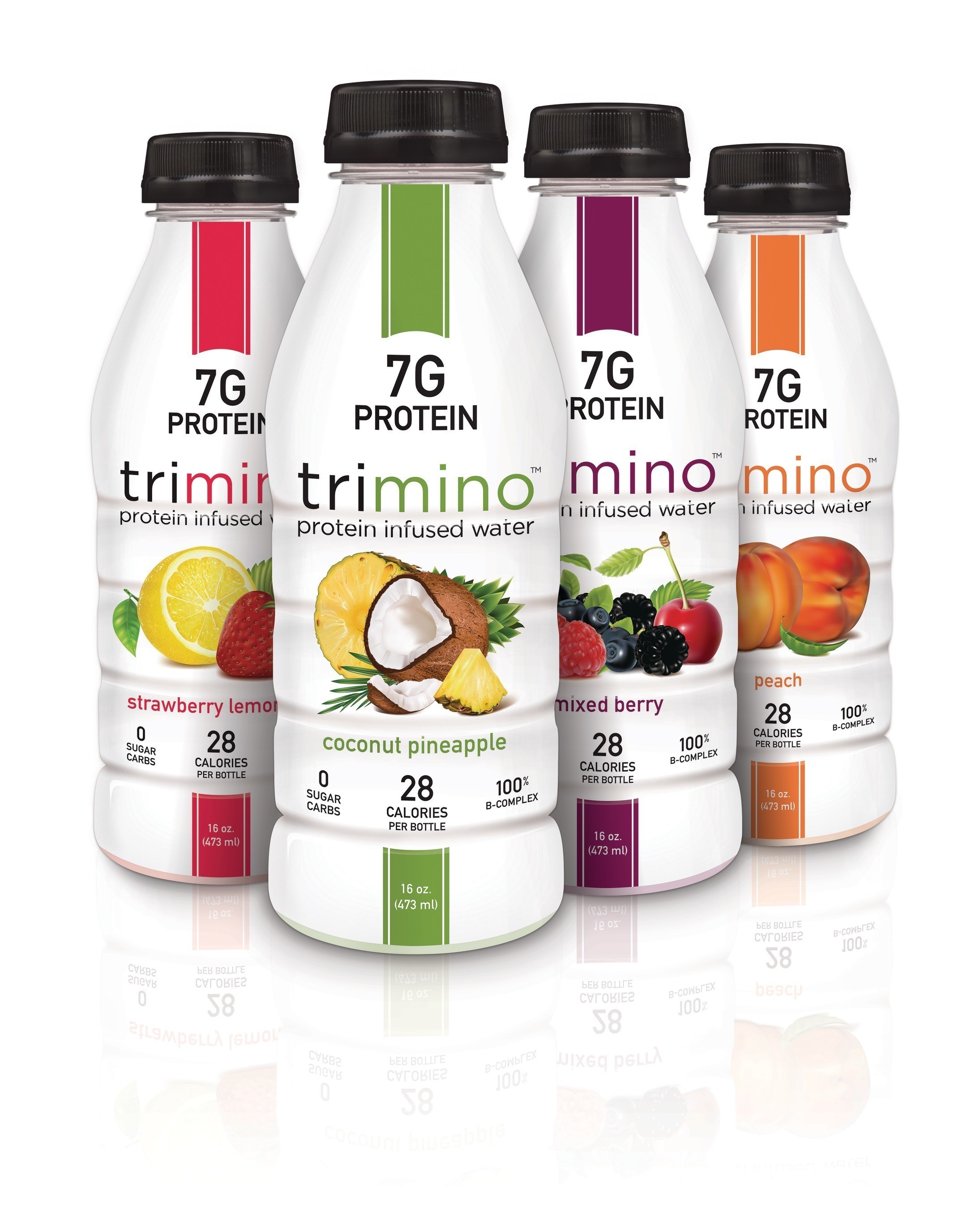 trimino protein-infused water "Beats Water, Everyday" with 7gs of whey protein, B-complex vitamins, 0 sugar, 0 carbs and only 28 calories. trimino is available in 4 flavors and simply delicious.