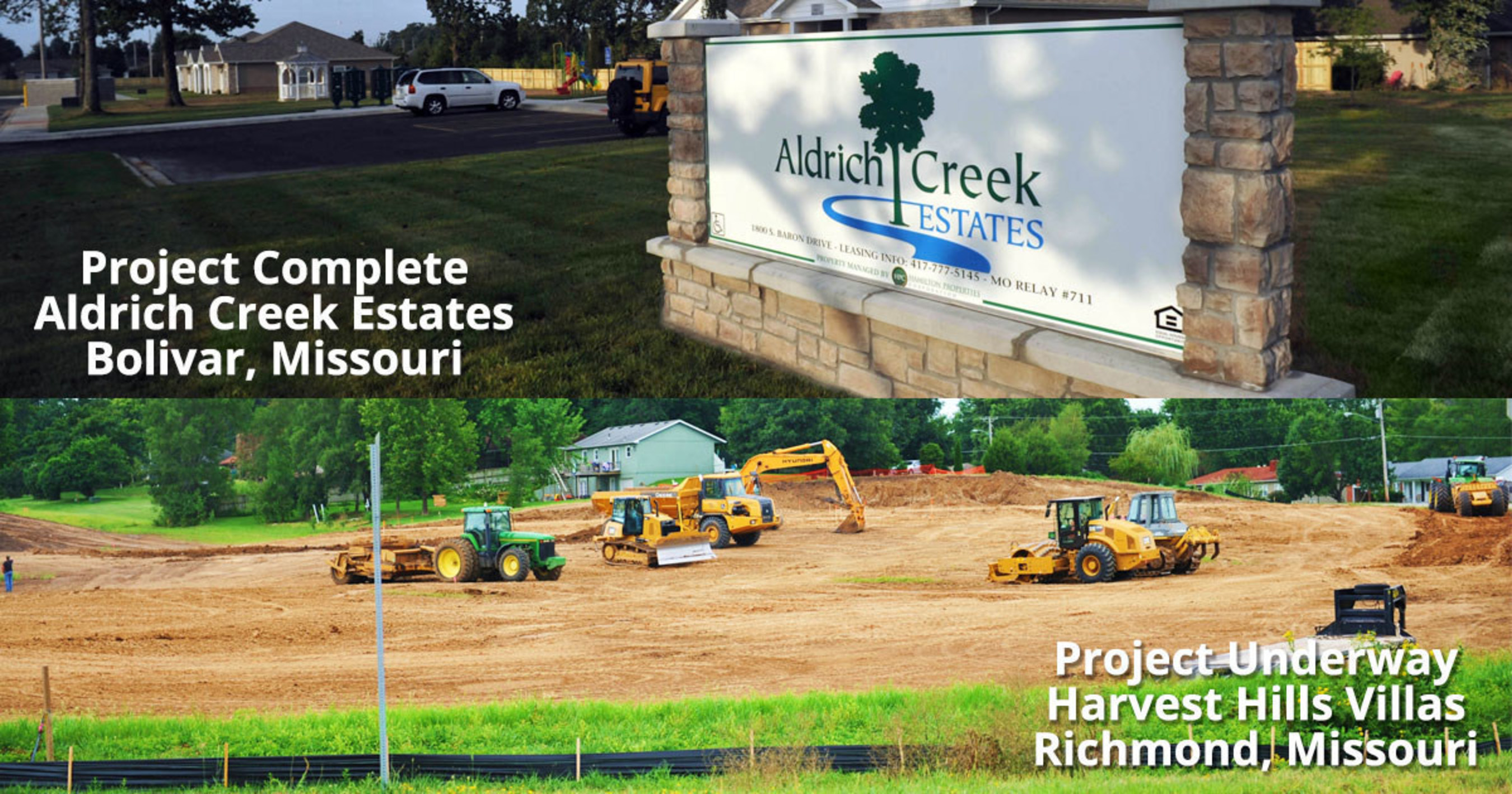 Four Corners Development, LLC has completed construction on our 12 month Aldrich Creek Estates affordable family apartment community in Bolivar, Missouri! We have also just broken ground on Harvest Hills Villas in Richmond, Missouri which is a new affordable senior community.