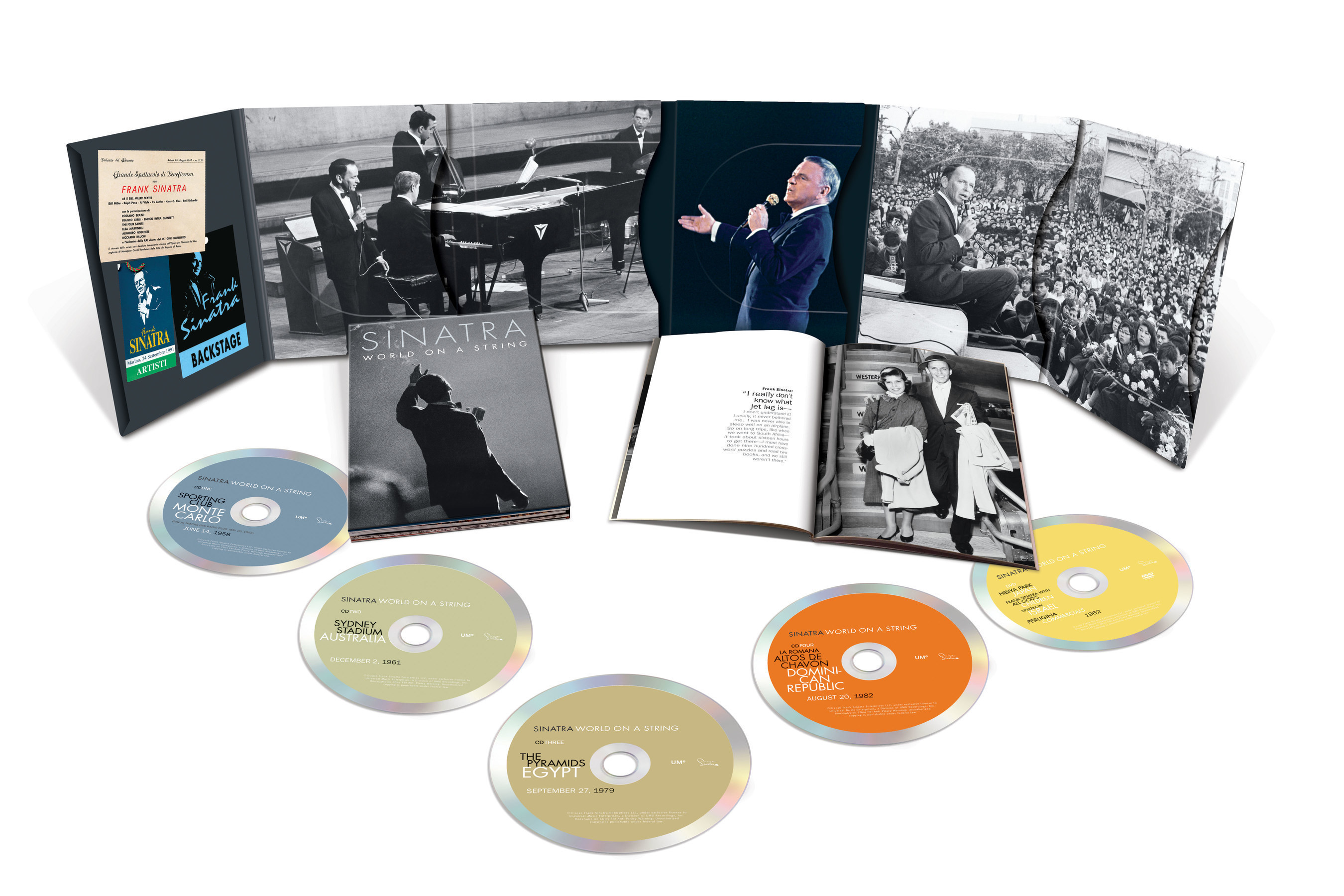 Set for worldwide release on October 21 by UMe and Frank Sinatra Enterprises, 'World On A String' is a portrait of the iconic American entertainer in his prime on international stages. As a time capsule of Sinatra's enduring appeal across the globe, the 4CD/DVD box set (also available in digital audio) is a treasure trove of live recordings from 1953 to 1982, totaling more than four hours of previously unissued audio and video footage.