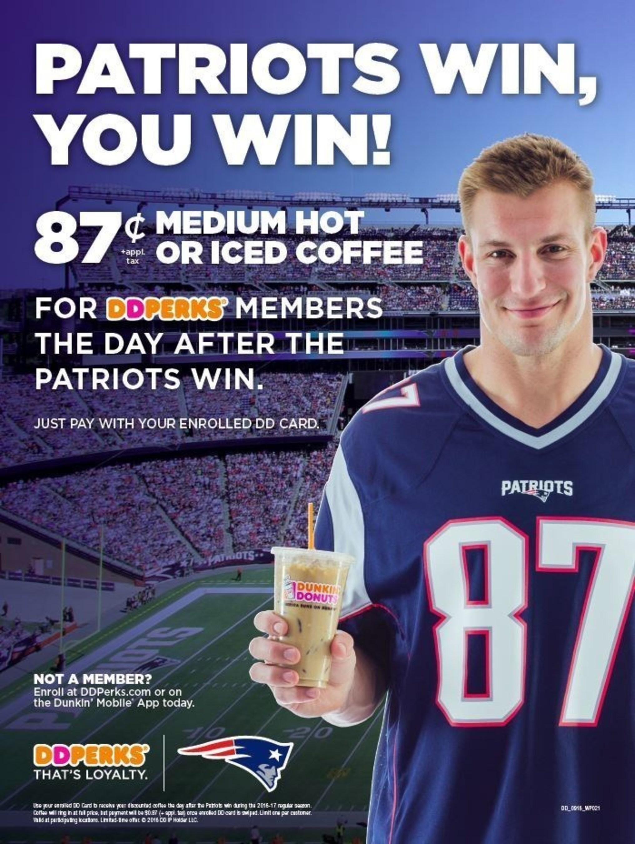 DUNKIN' DONUTS ANNOUNCES RETURN OF "PATS WIN, YOU WIN" COFFEE OFFER FOR DD PERKS(R) MEMBERS