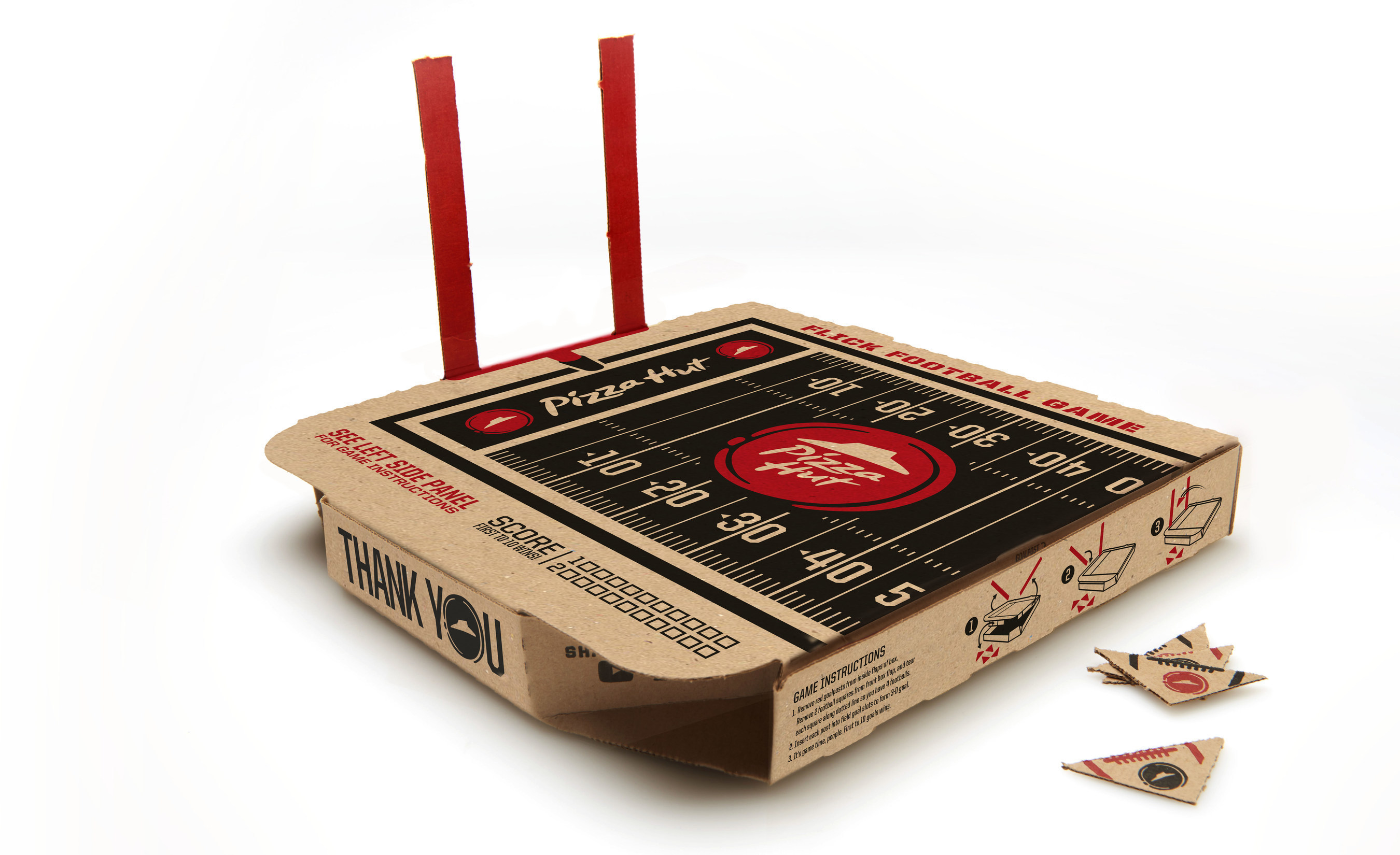 Pizza Hut, recognized as the pizza restaurant which serves and delivers more pizzas than any other pizza restaurant in the world, is introducing an all-new pizza box that features a playable Flick Football Field on top. The box is available with purchase of any medium pizza, including a one-topping medium pizza off the Pizza Hut $5 Flavor Menu.
