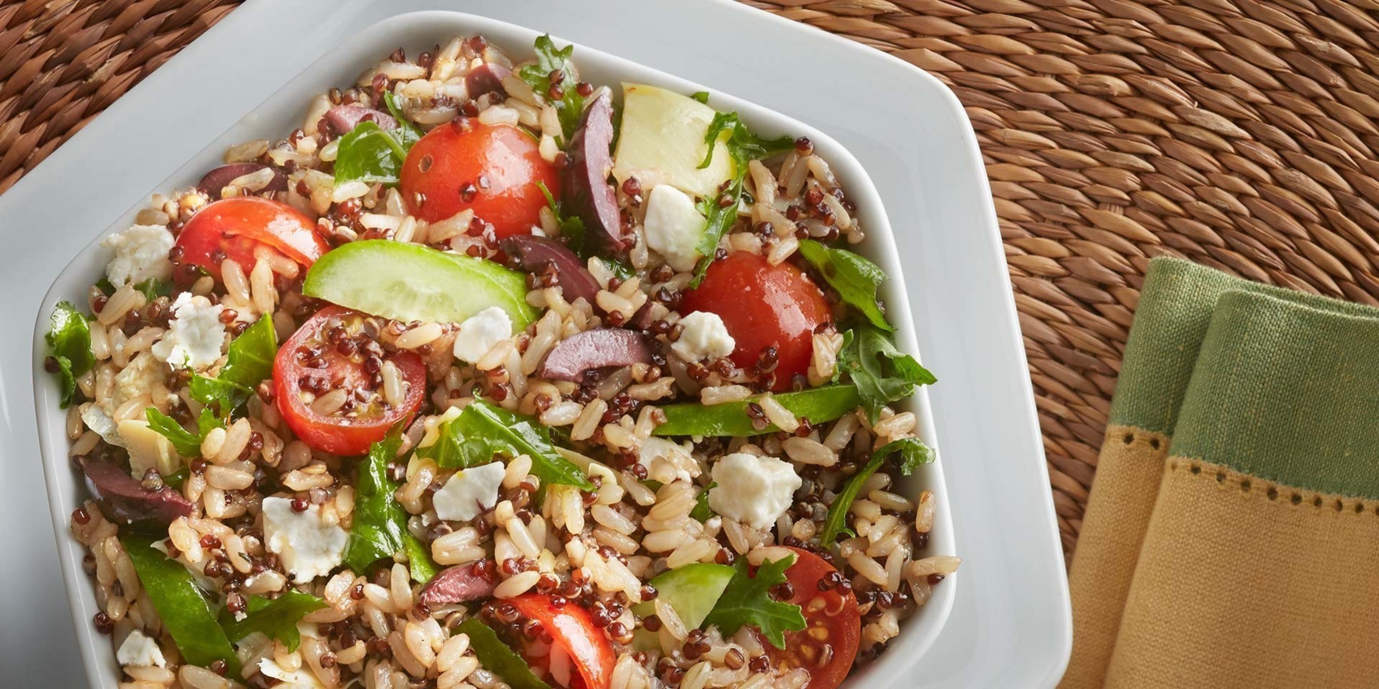 Celebrate National Rice Month with this delicious Mediterranean Salad made with the new Minute Ready to Serve Brown & Quinoa. Ready in just 60 seconds, it's the only product available of its kind in a single-serve cup similar to other Minute Ready to Serve Rice varieties with the added benefits of being a good source of fiber and gluten-free.