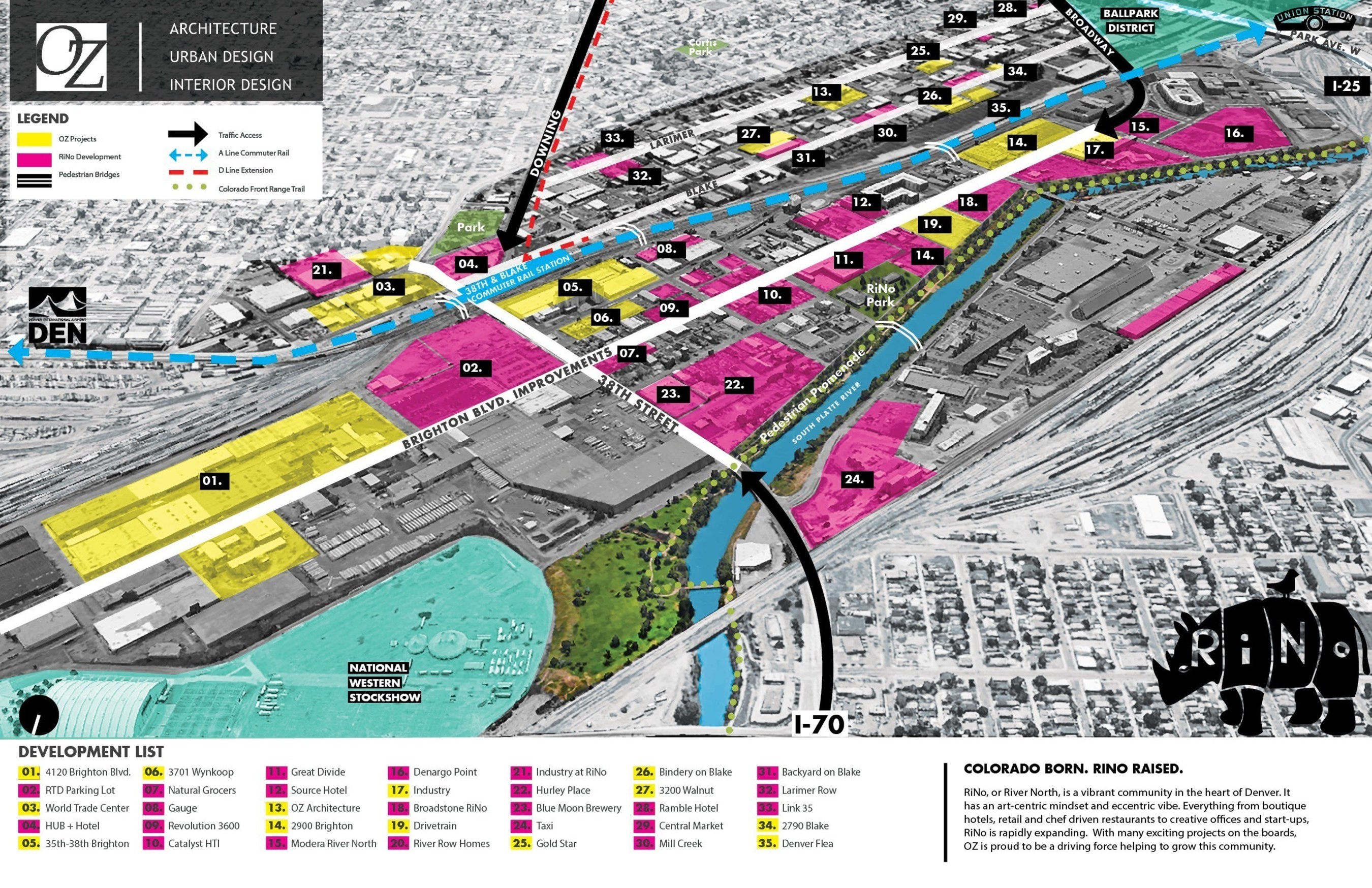 RiNo Denver expansion map shows OZ Architecture designs dominating the landscape. The company is both located in RiNo and is driving a significant part of the area's transformation.