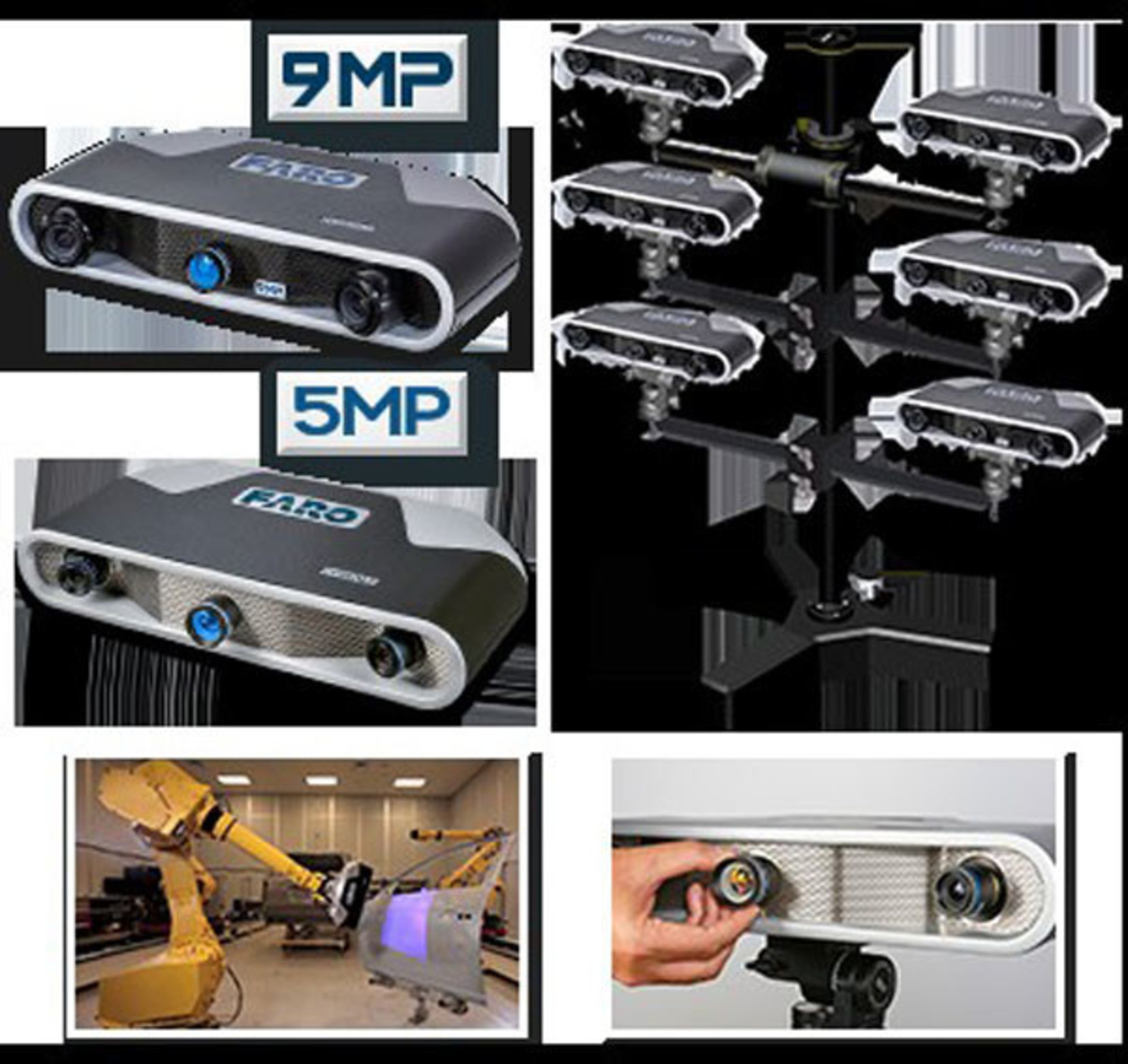 9MP Cobalt Array Imager and 5MP Cobalt Array Imager. Six Cobalt sensors mounted in a multi-imager array configuration. Cobalt features interchangeable lenses and is easily mounted on a robot for automated inspections.