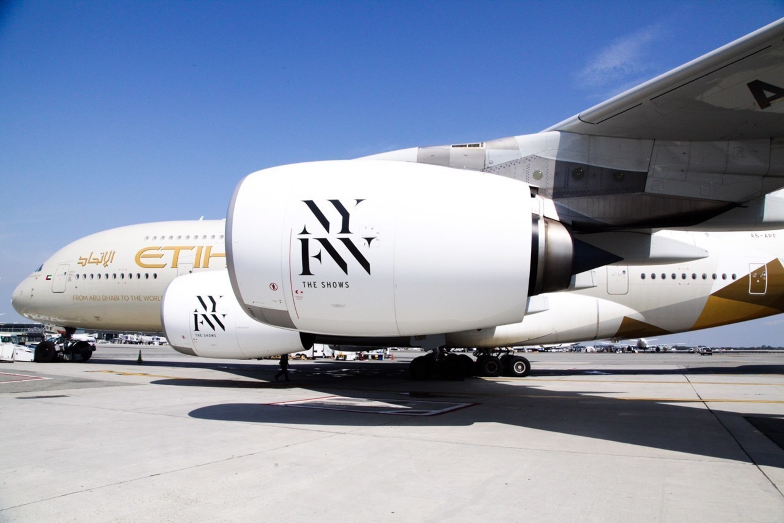 Etihad Airways "NYFW: The Shows"-branded A380 aircraft at JFK International Airport.