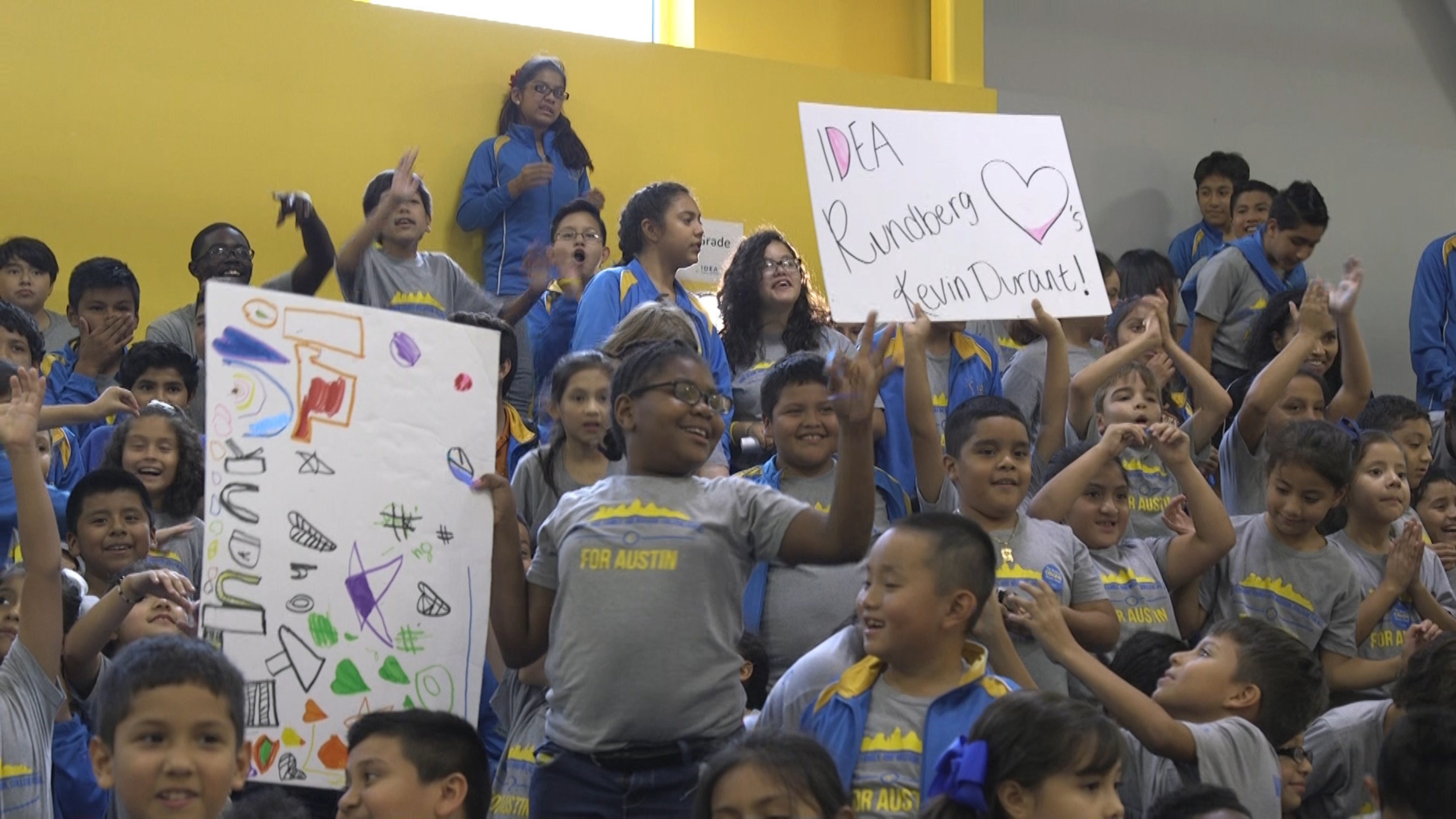 Students at IDEA Rundberg Public School in Austin, Texas await Kevin Durant's arrival.