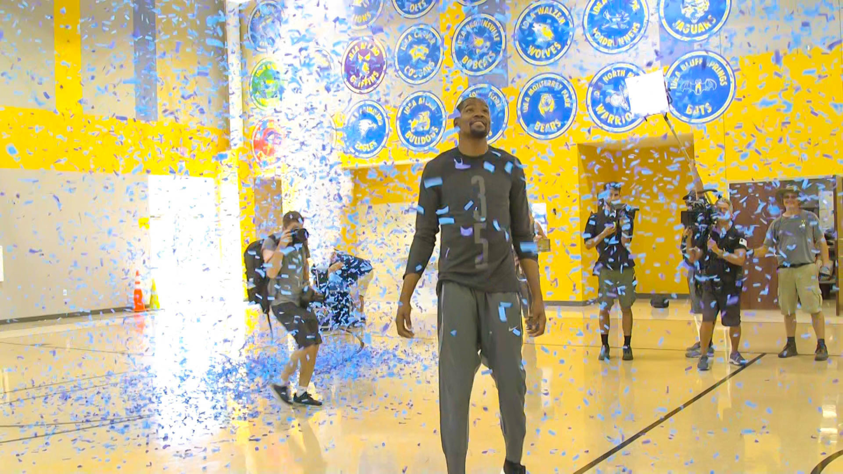 Kevin Durant makes his debut at IDEA Rundberg Public School in Austin, Texas, as part of the Kevin Durant Charity Foundation's BUILD IT AND THEY WILL BALL court renovation program and the BBVA Compass Foundation.
