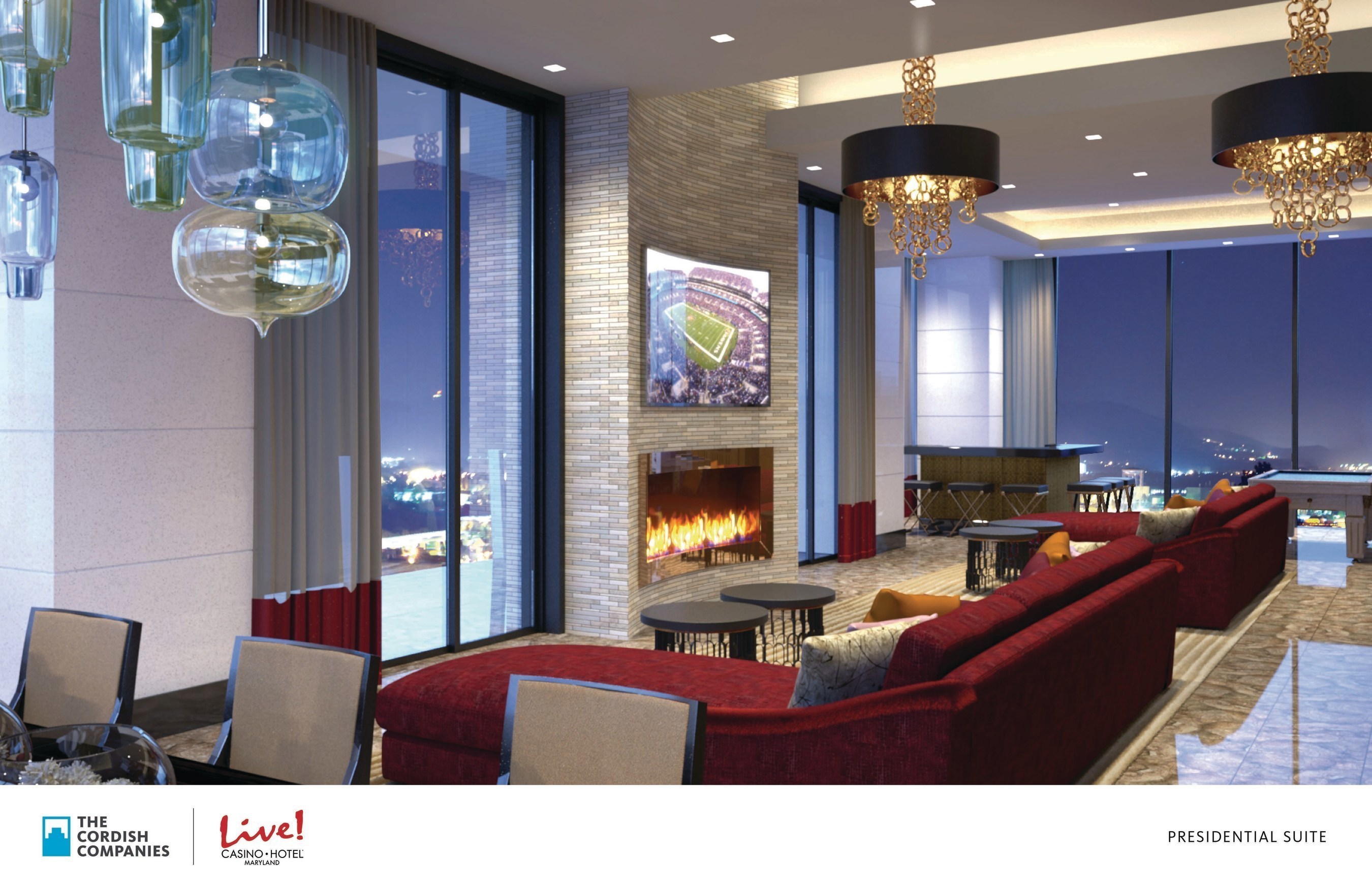 An artists' rendering depicts the Presidential Suite of the new $200 million flagship Live! Hotel. The Cordish Companies today broke ground on the development, which will be located at Maryland Live! Casino, in Hanover, MD. The 350,000- square- foot property features a 17-story hotel tower, making it the tallest building in Anne Arundel County, with 310 guest rooms, an event center, meeting spaces, new dining options, and a day spa/salon. It is the first hotel in the country to carry the Live! brand.