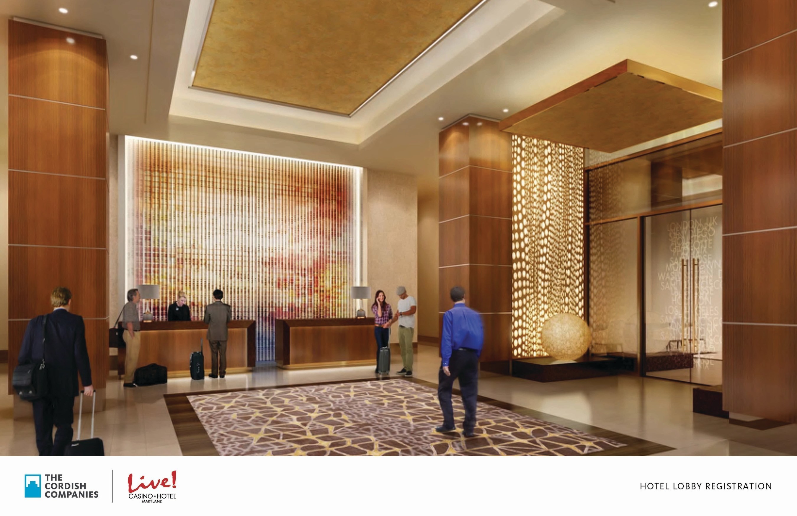 An artists' rendering depicts the Hotel Lobby of the new $200 million flagship Live! Hotel. The Cordish Companies today broke ground on the development, which will be located at Maryland Live! Casino, in Hanover, MD. The 350,000- square- foot property features a 17-story hotel tower, making it the tallest building in Anne Arundel County, with 310 guest rooms, an event center, meeting spaces, new dining options, and a day spa/salon. It is the first hotel in the country to carry the Live! brand.