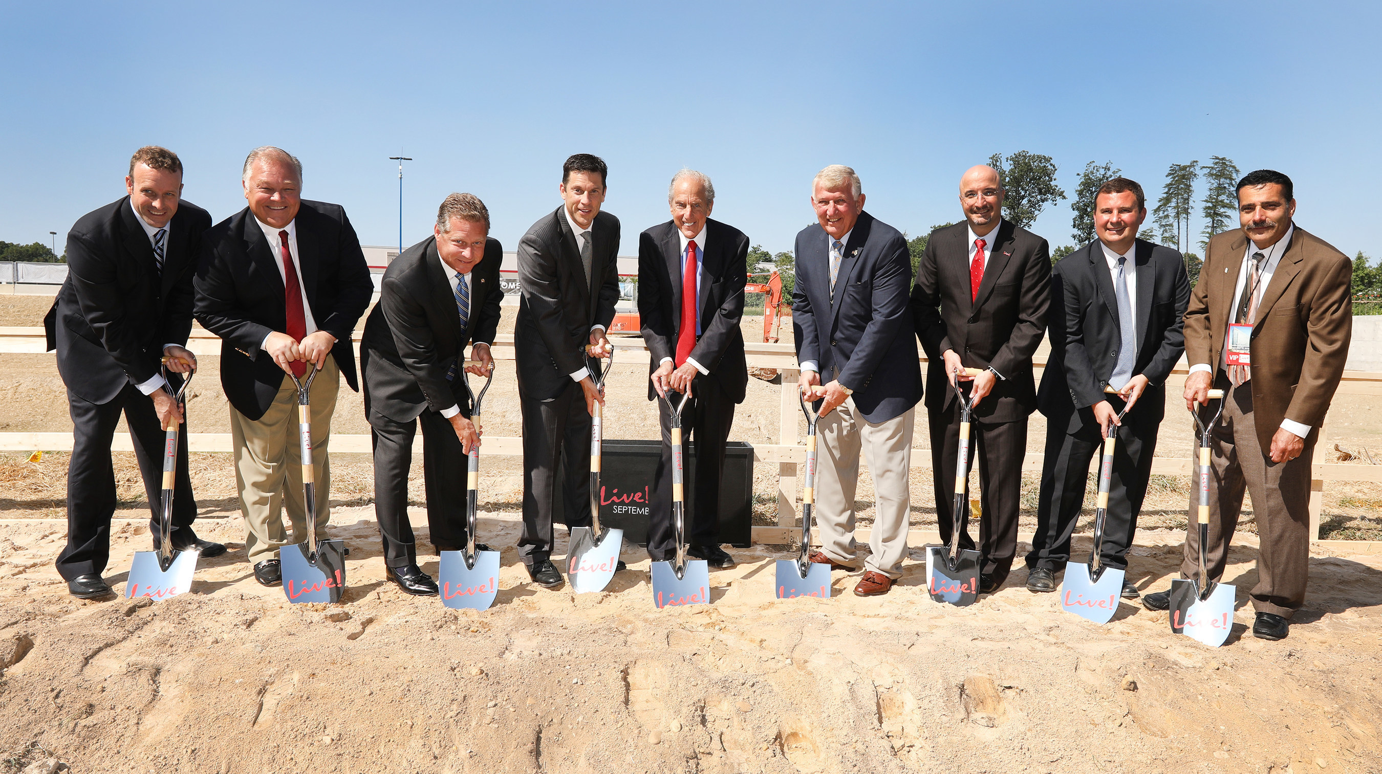 Groundbreaking ceremony for Live! Hotel in Hanover, Maryland. Pictured L to R: Taylor Gray, The Cordish Companies; Doug Shipley, Live! Casino; Anne Arundel County Executive Steven Schuh; Jon Cordish, The Cordish Companies; David Cordish, Chairman, The Cordish Companies; Maryland State Senator Ed DeGrange;