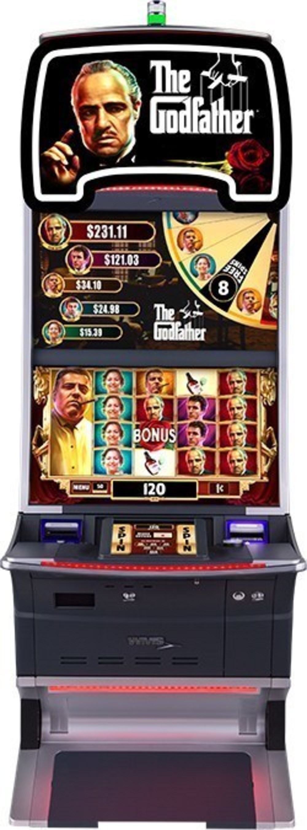 THE GODFATHER(R) theme on the s32 cabinet offers free spins with double the lines, a five-level near-area progressive jackpot feature and random character symbols that award character upgrades, respins, multipliers, or more credits.