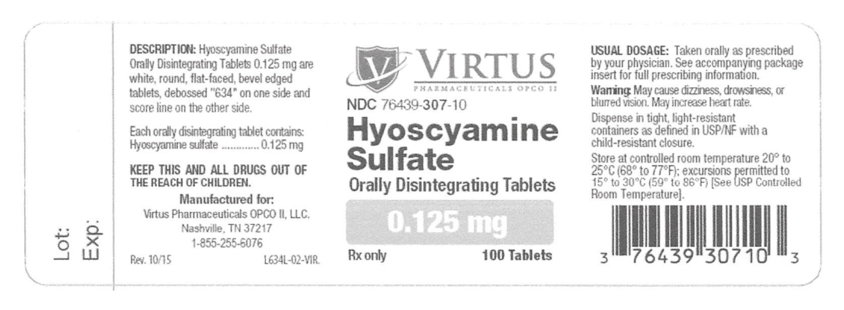 Hyoscyamine Sulfate Orally Disintegrating tablets, NDC 76439-307-10:
