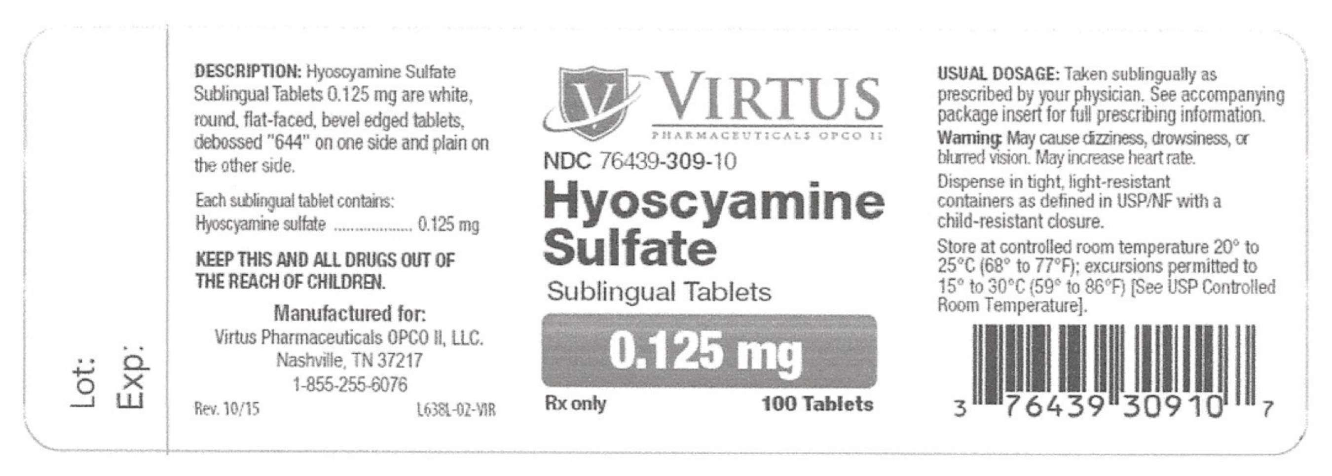 Hyoscyamine Sulfate Sublingual tablets, NDC 76439-309-10: