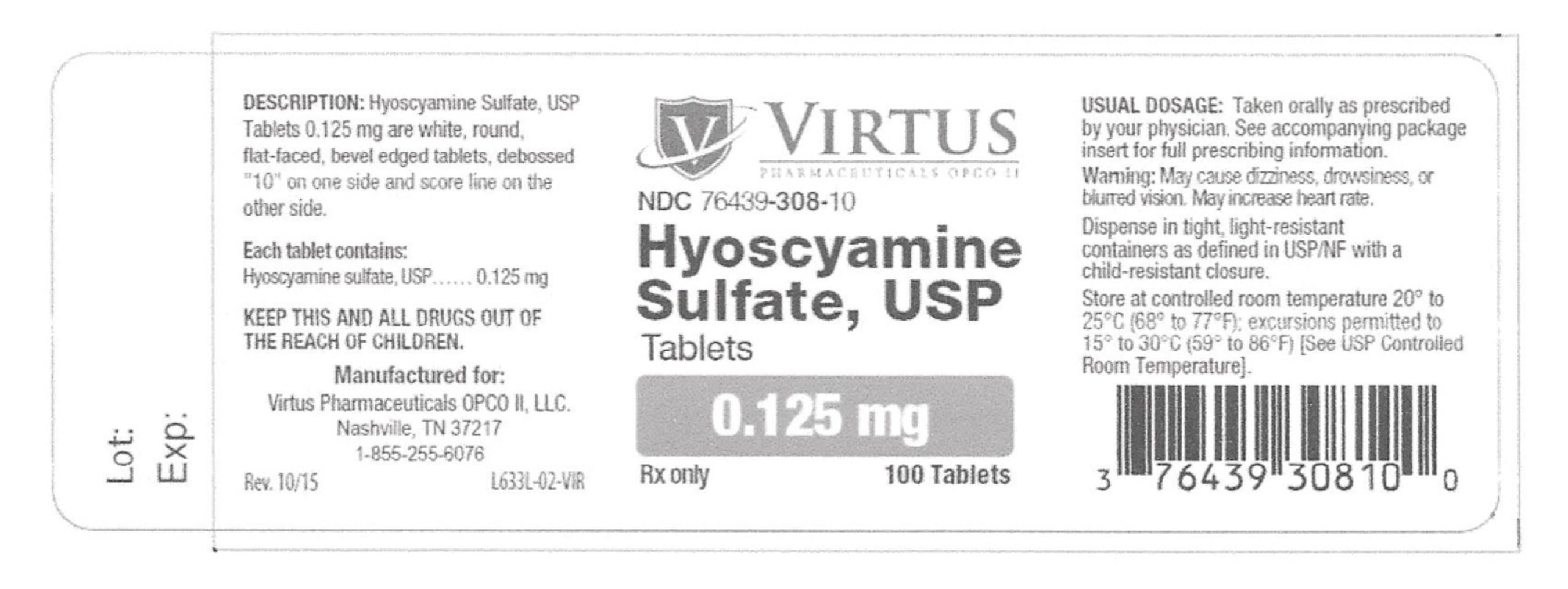 Hyoscyamine Sulfate tablets, NDC 76439-308-10: