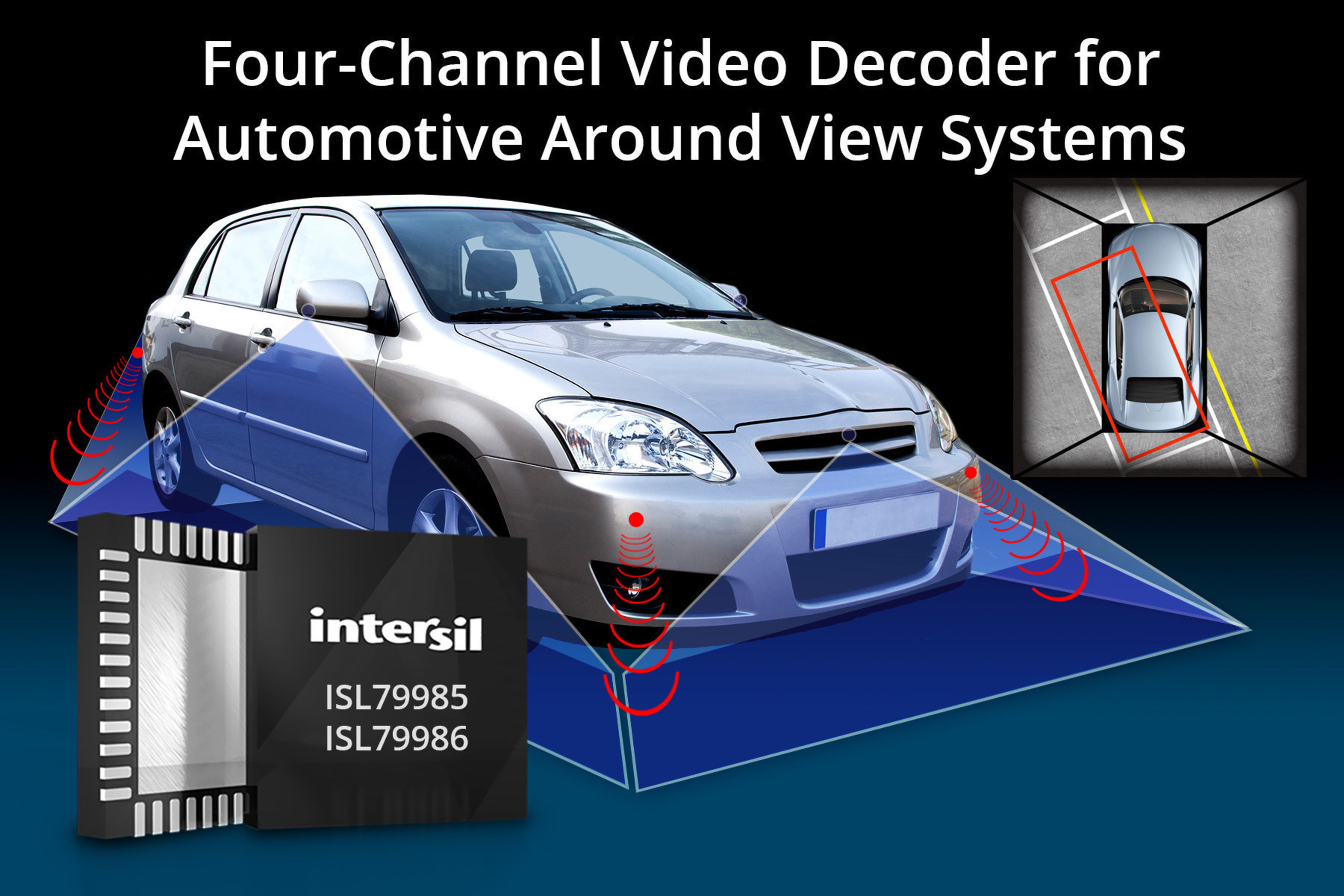 Intersil's ISL79985 four-channel video decoder with MIPI-CSI2 interface generates excellent 360-degree birds-eye image quality for advanced driver assistance systems.
