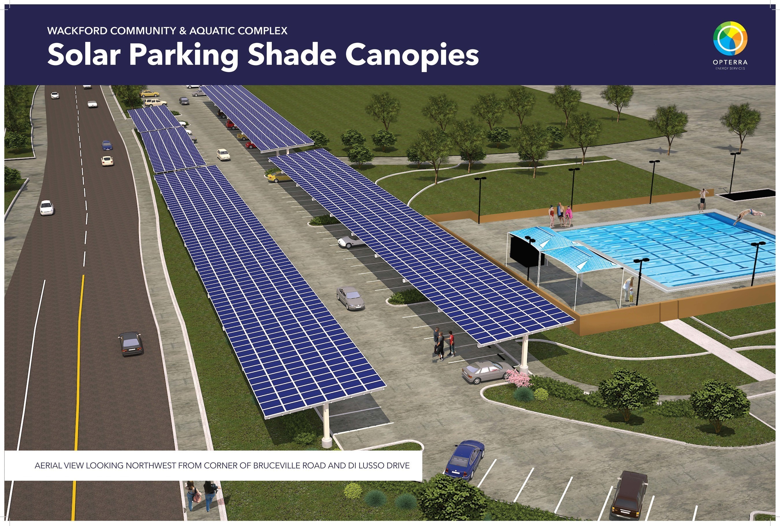 Rendering of one of the solar parking shade structures Cosumnes CSD will begin implementation on with OpTerra in fall 2016.
