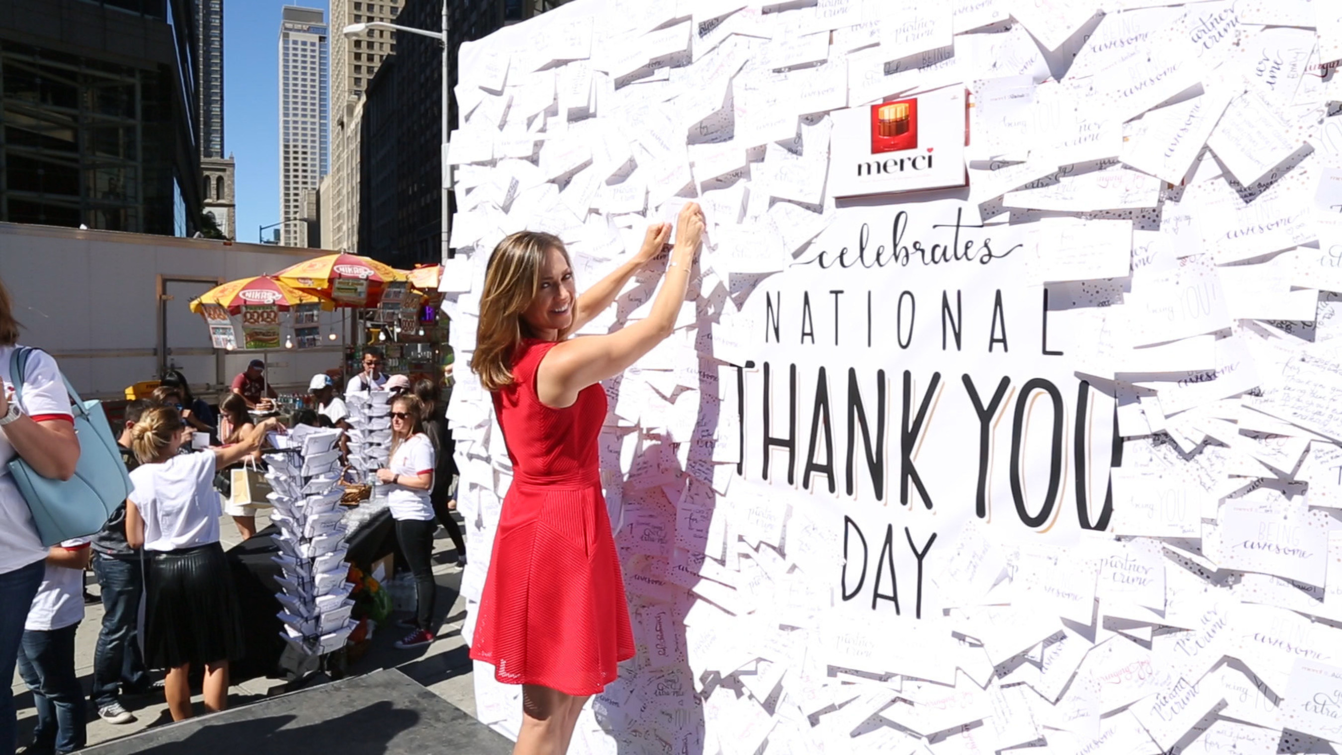 Good Morning America meteorologist and Dancing with the Stars contestant, Ginger Zee celebrated National Thank You Day with merci Chocolate in Columbus Circle, sharing a thank you note to her husband, Ben and 8-month-old son, Adrian that she posted to The merci Thank You Wall.