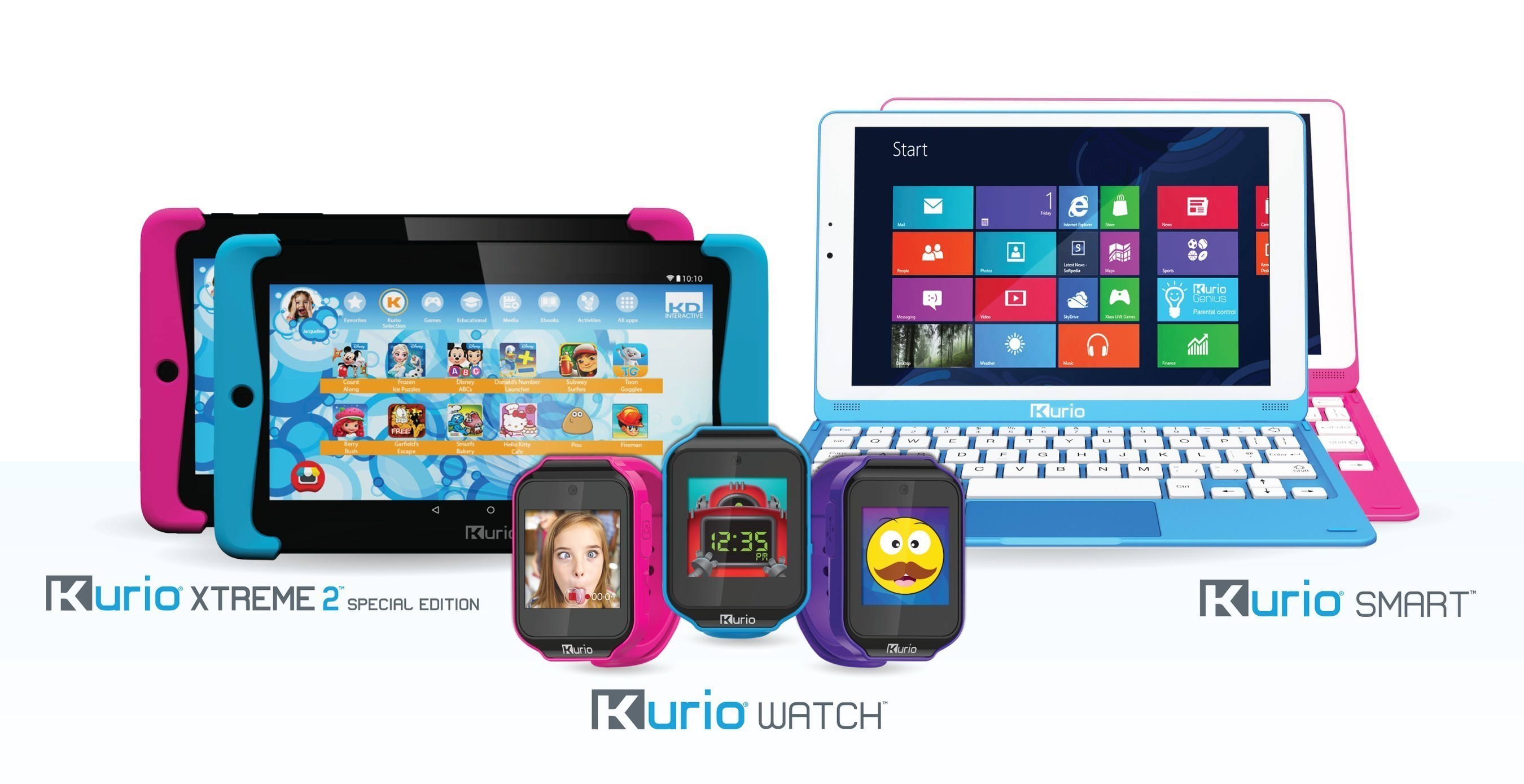 Kurio offers a range of innovative, fun and safe tech products for every gadget-obsessed kid this holiday season. (L to R) Kurio Xtreme 2 Special Edition Tablet, Kurio Watch and Kurio Smart(TM) Windows Laptop Tablet.
