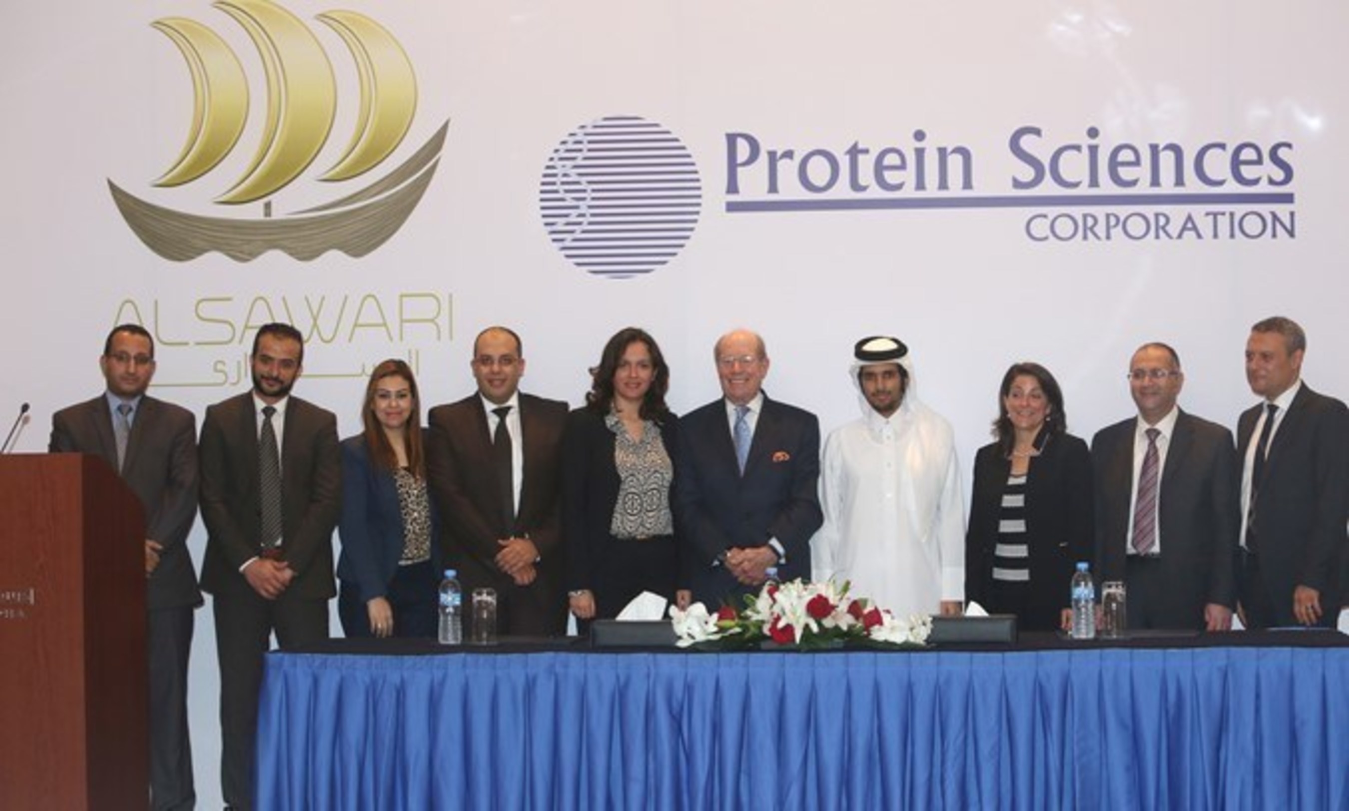 Members of Avanzcare join Daniel Adams, Executive Chairman of Protein Sciences (fifth from right) at a press conference in Doha, Qatar announcing their partnership. Also pictured are Sheikh Turki Bin Faisal al Thani, Chairman of Al Sawari Holding, (fourth from right), Her Excellency Dana Shell Smith, United States Ambassador to Qatar (third from right), John Youssef, General Manager of Avanzcare (second from right) and Mohammed Shafiek, Al Sawari Holding Managing Director (right)