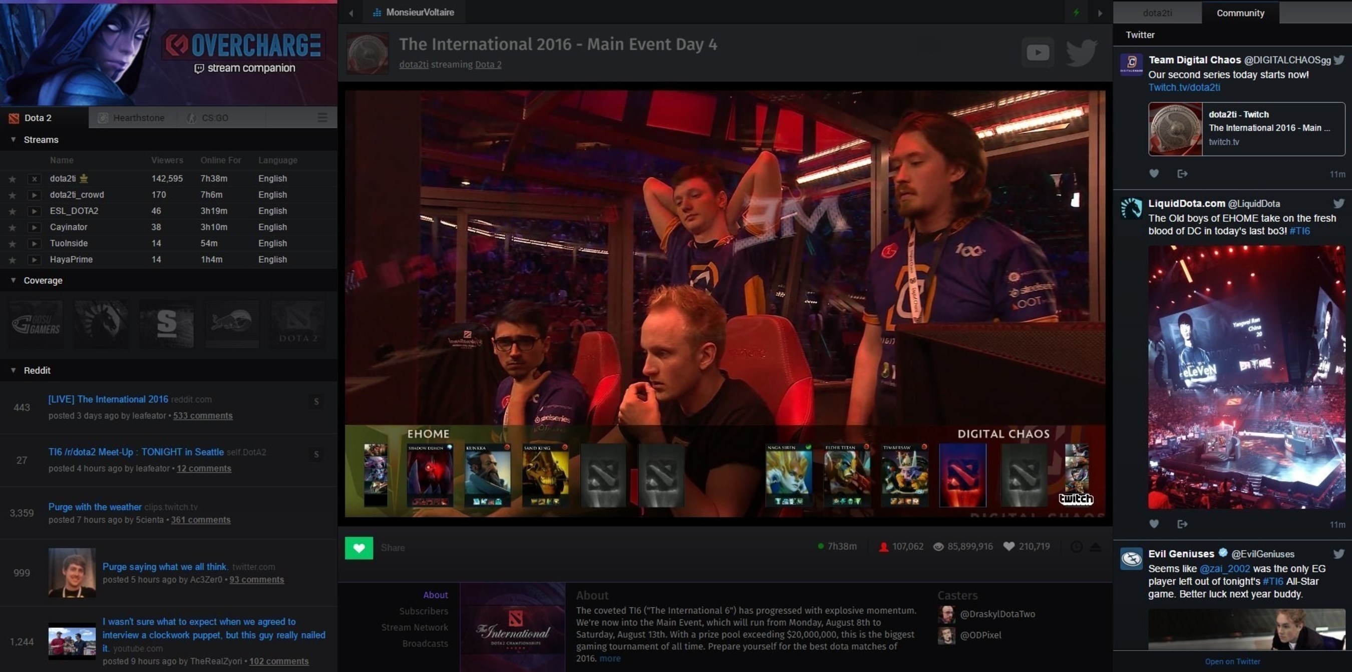 Screenshot of the Overcharge.tv application user interface. Breakout team 'Digital Chaos' vie for their share of the $20,000,000 prize pool at Valve's annual "The International 6" Dota 2 tournament. Exceeding all expectations, the American-European hybrid team finishes 2nd place, taking home US$3.5 million dollars.