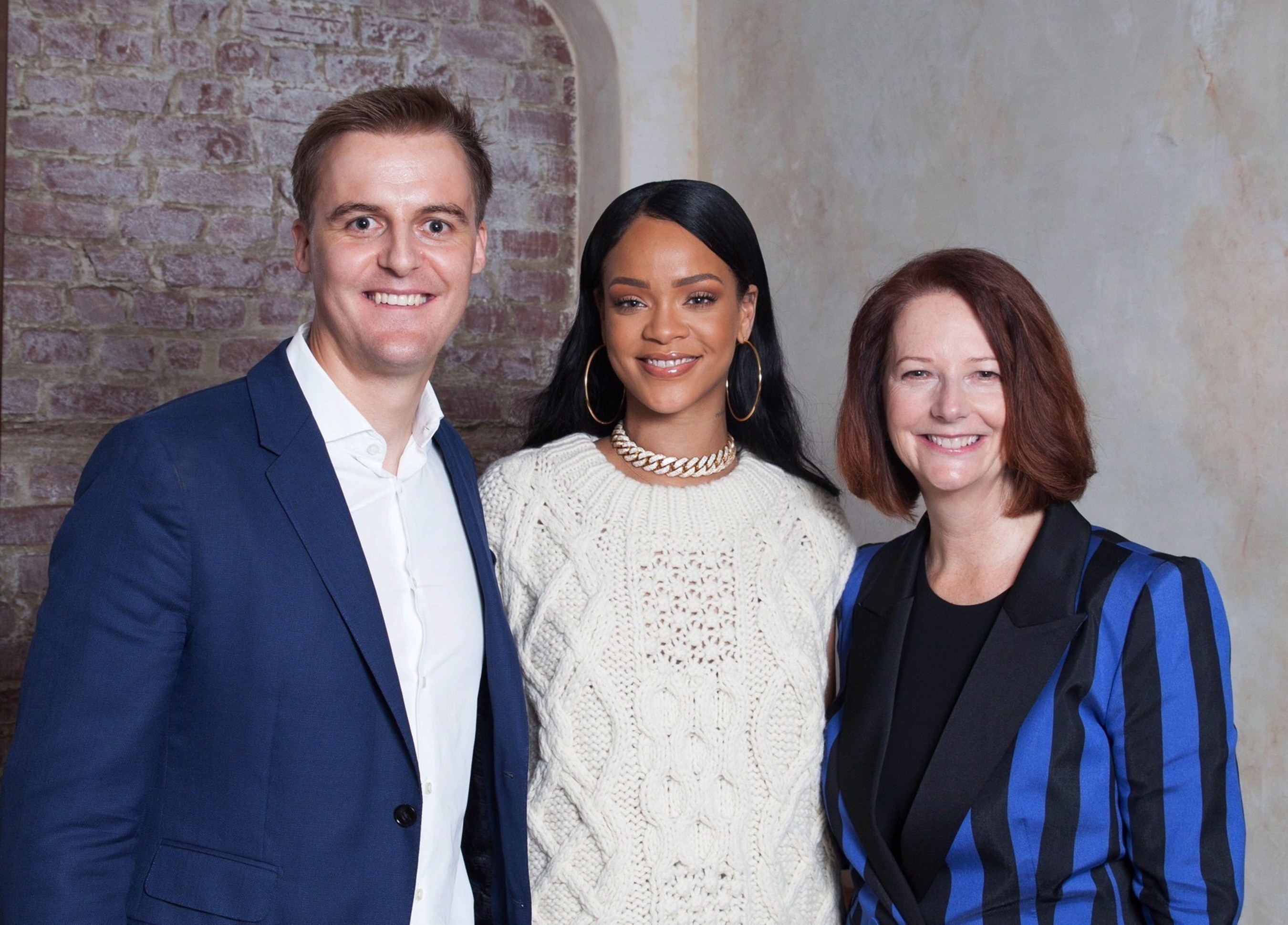Hugh Evans, CEO of Global Citizen, with Rihanna and Global Partnership for Education (GPE) Chair and former Prime Minister of Australia, Julia Gillard, announce partnership with Rihanna's Clara Lionel Foundation where she will serve as the Global Ambassador for Education.